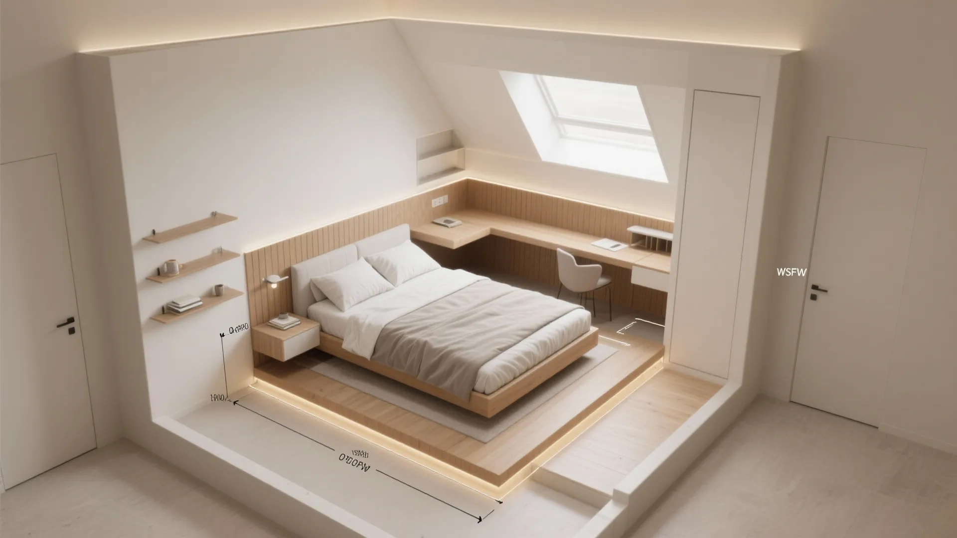 Top-down render of a compact bedroom illustrating corner bed, floating headboard, and desk placement for circulation.