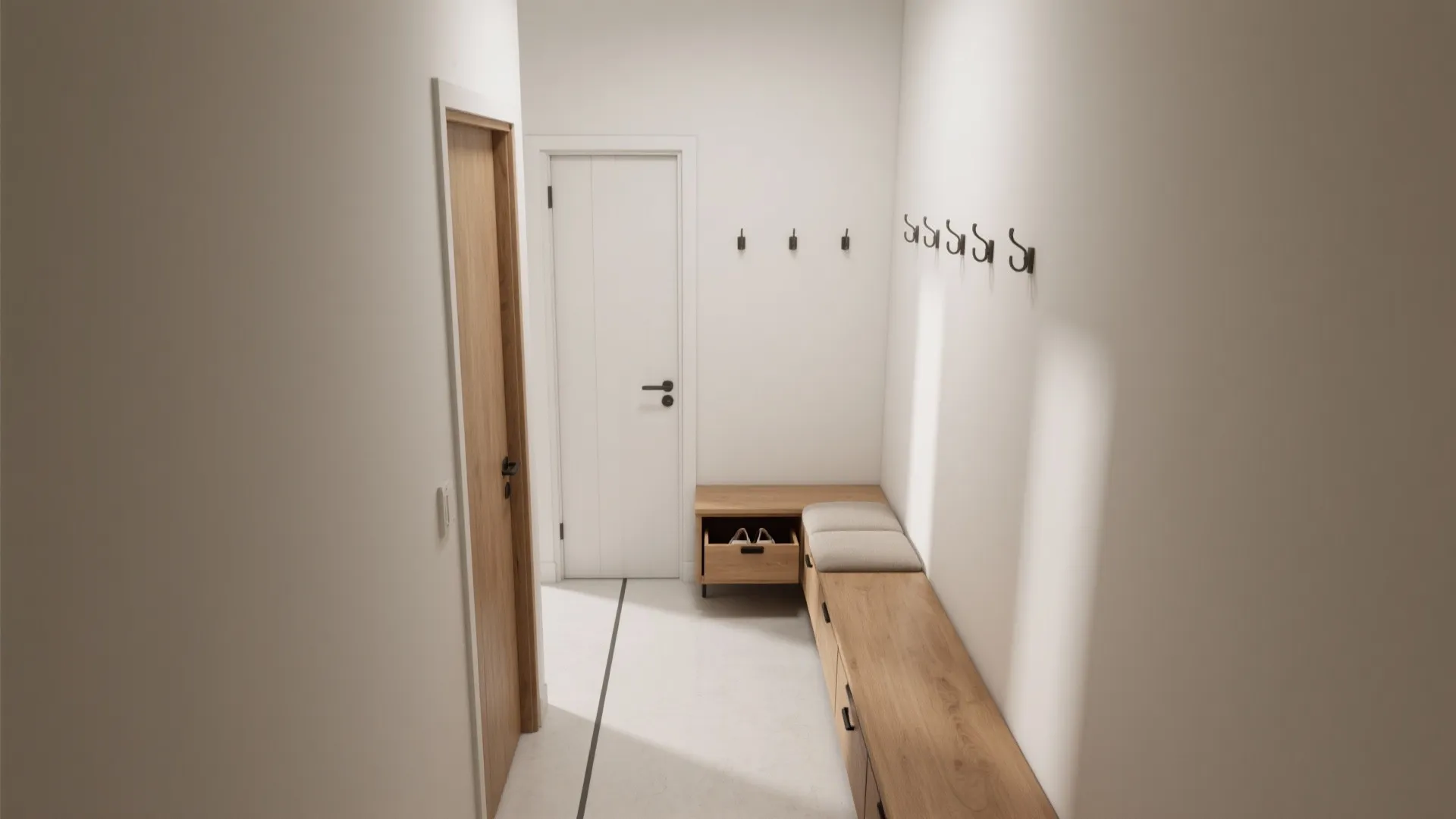 Minimalist hallway interior featuring white walls wooden storage bench black wall hooks and two doors