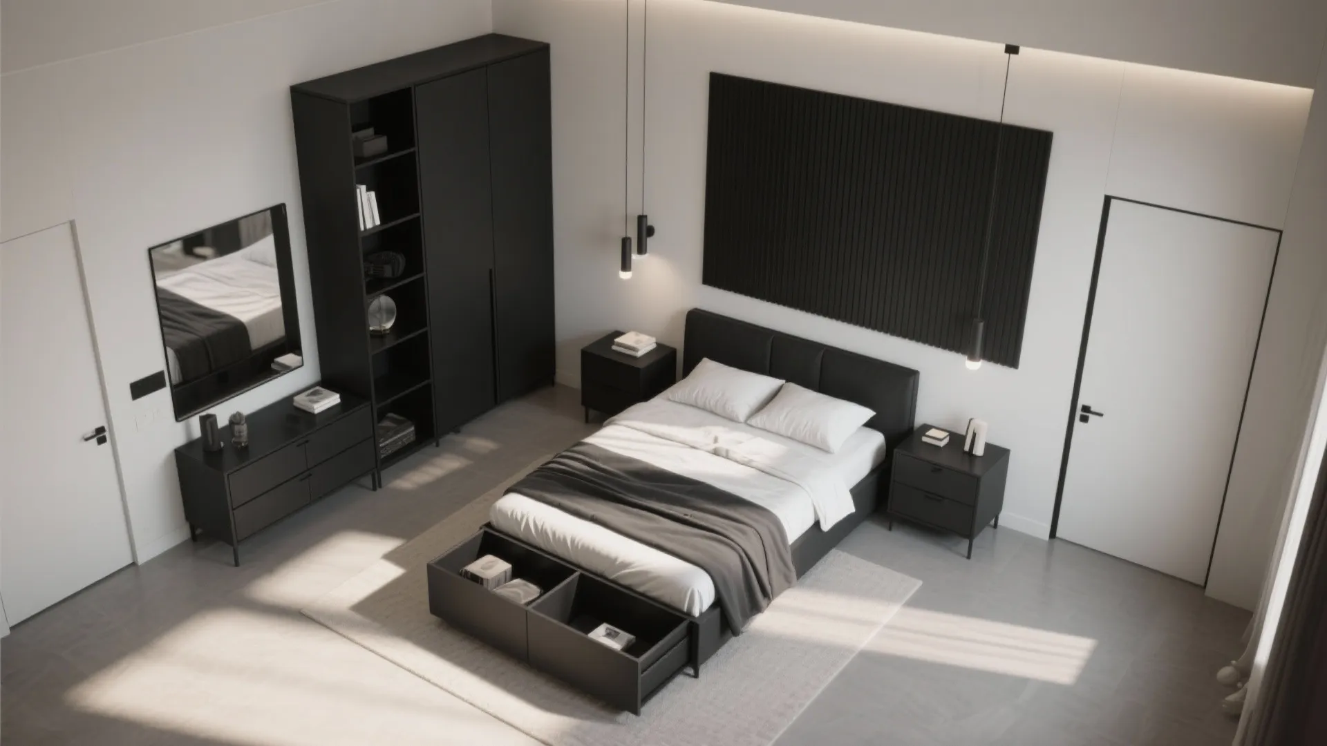 Top-down plan of a small bedroom with black multifunctional furniture and clear circulation
