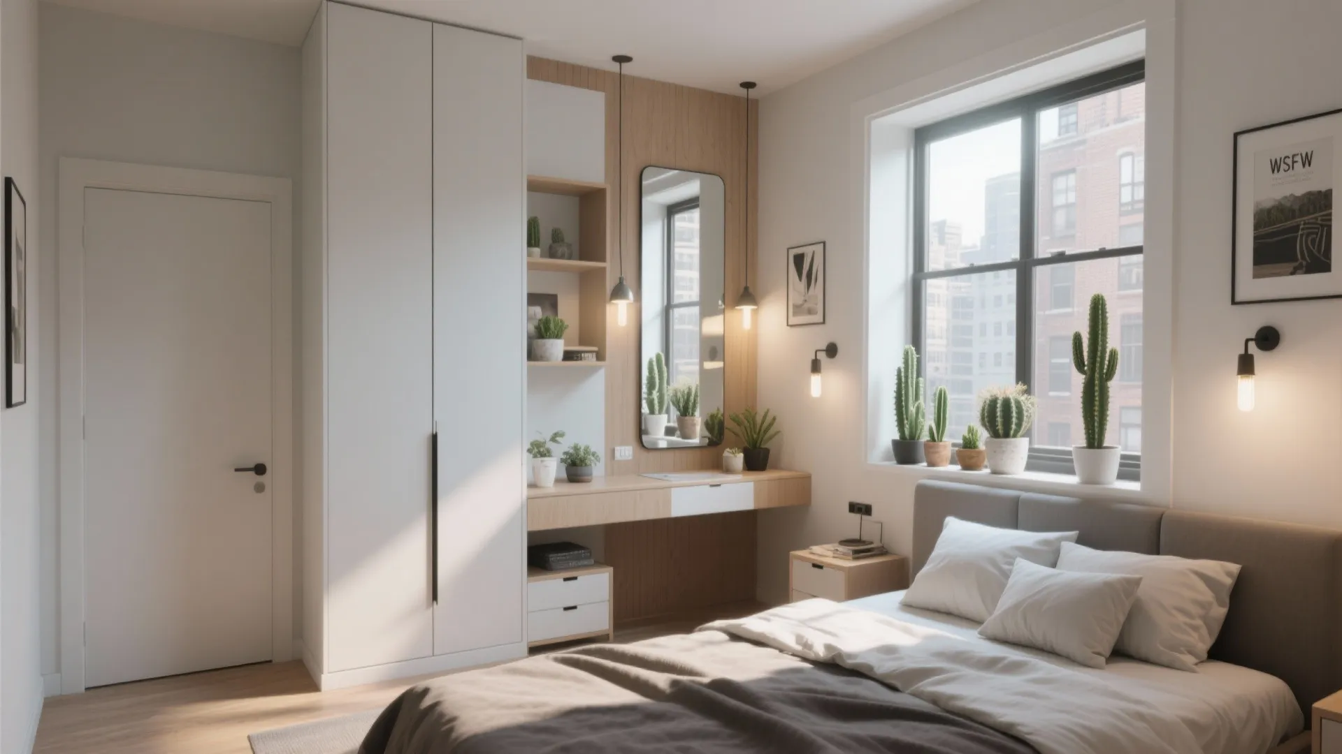 Small urban bedroom showing smart bed placement and a slim mirrored dresser that reflects light.