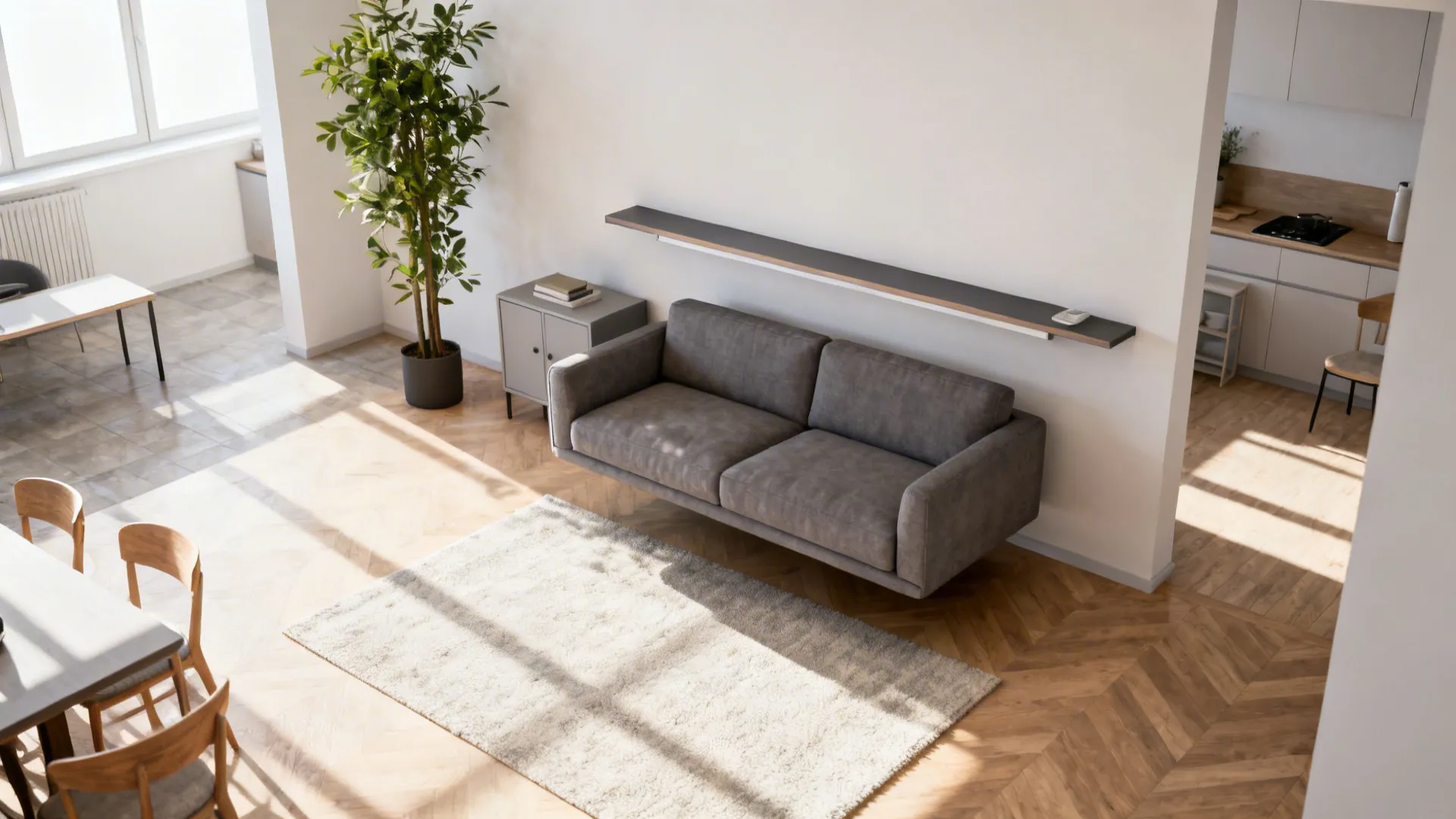 Small living room with a grey sofa floated from the wall and a slim console behind it
