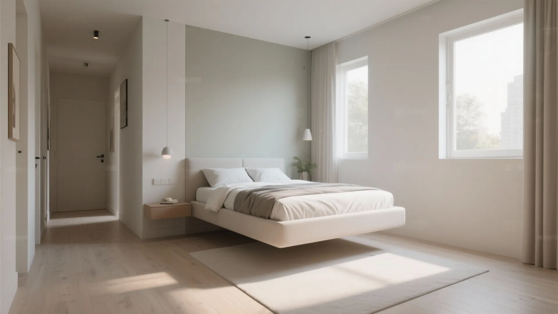 Modern bedroom with green wall floating bed hanging lights rug wooden floor and bright windows