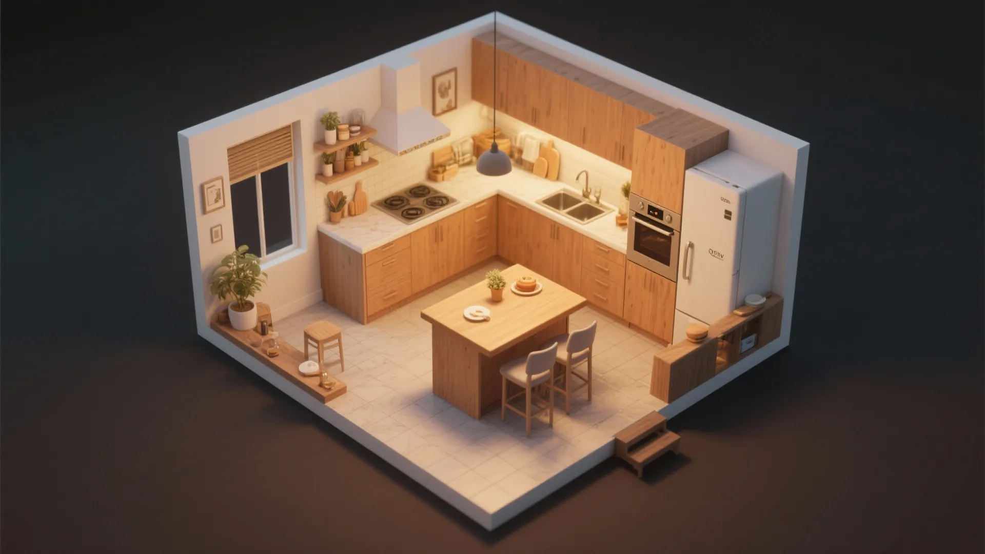 Interior design drawing showing small kitchen layout with wooden cabinets, white fridge, and center island