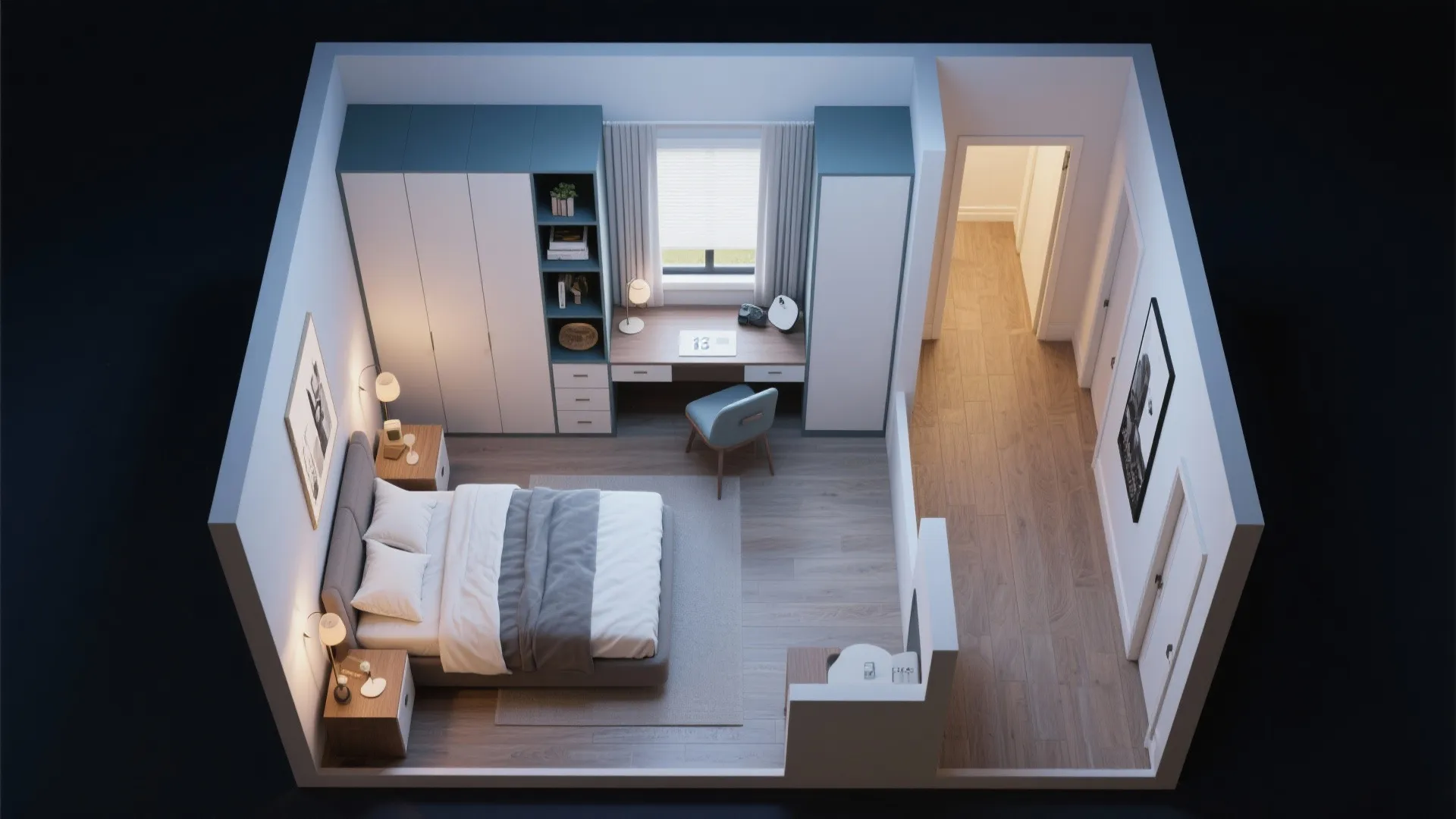Top-down view of smartly planned small bedroom layout