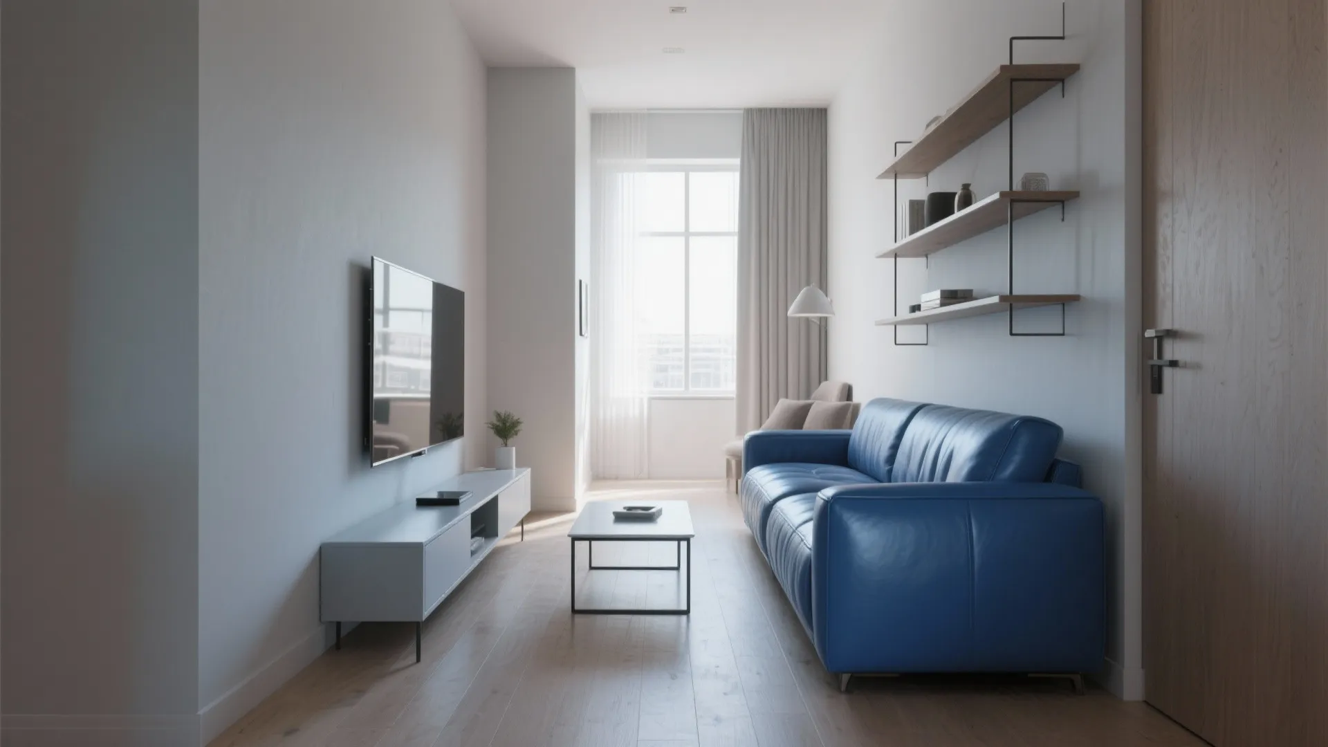 Modern small living room with blue sofa white walls wall shelves and a television stand