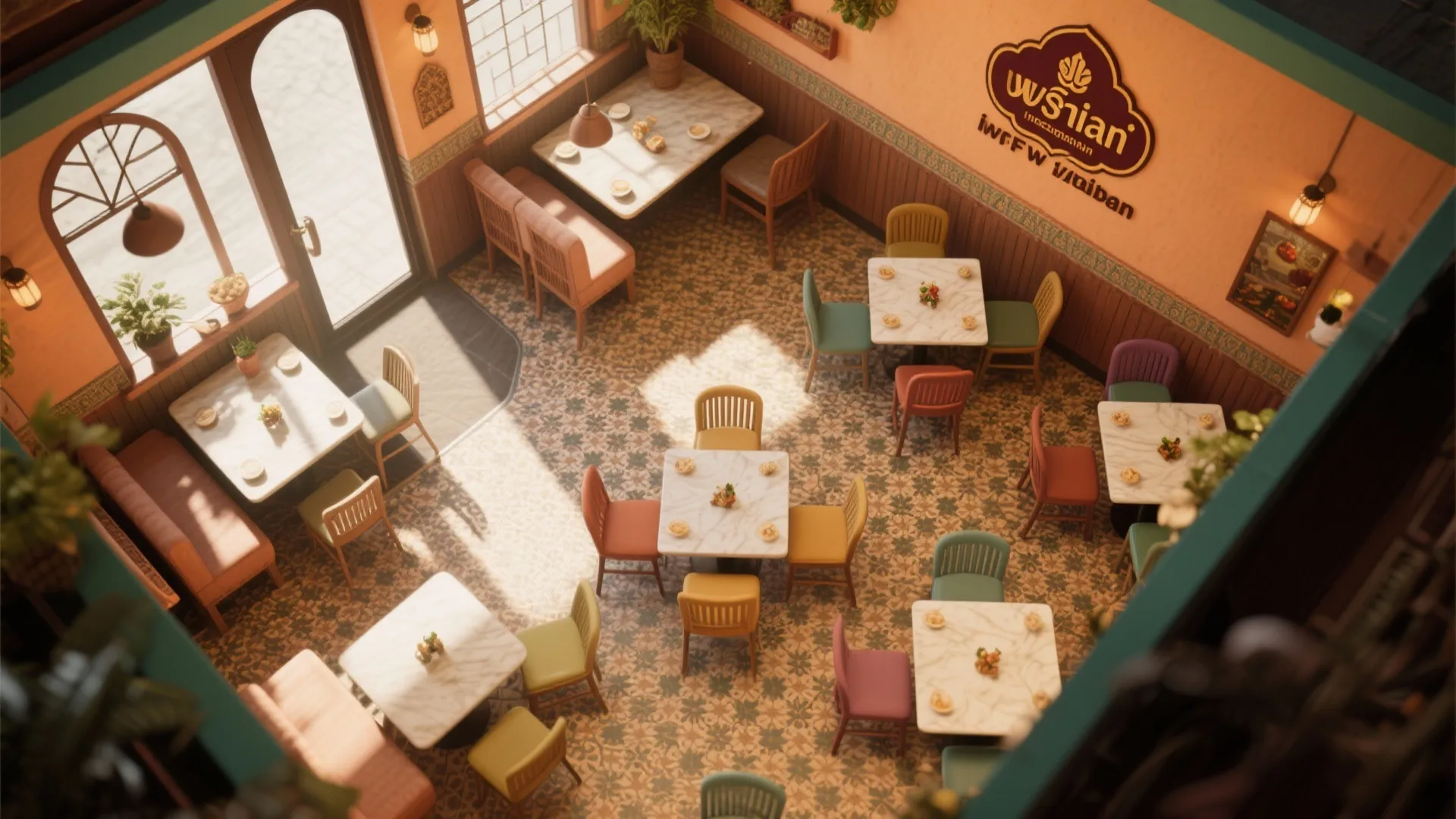 Top-down view of well-planned small Indian restaurant layout