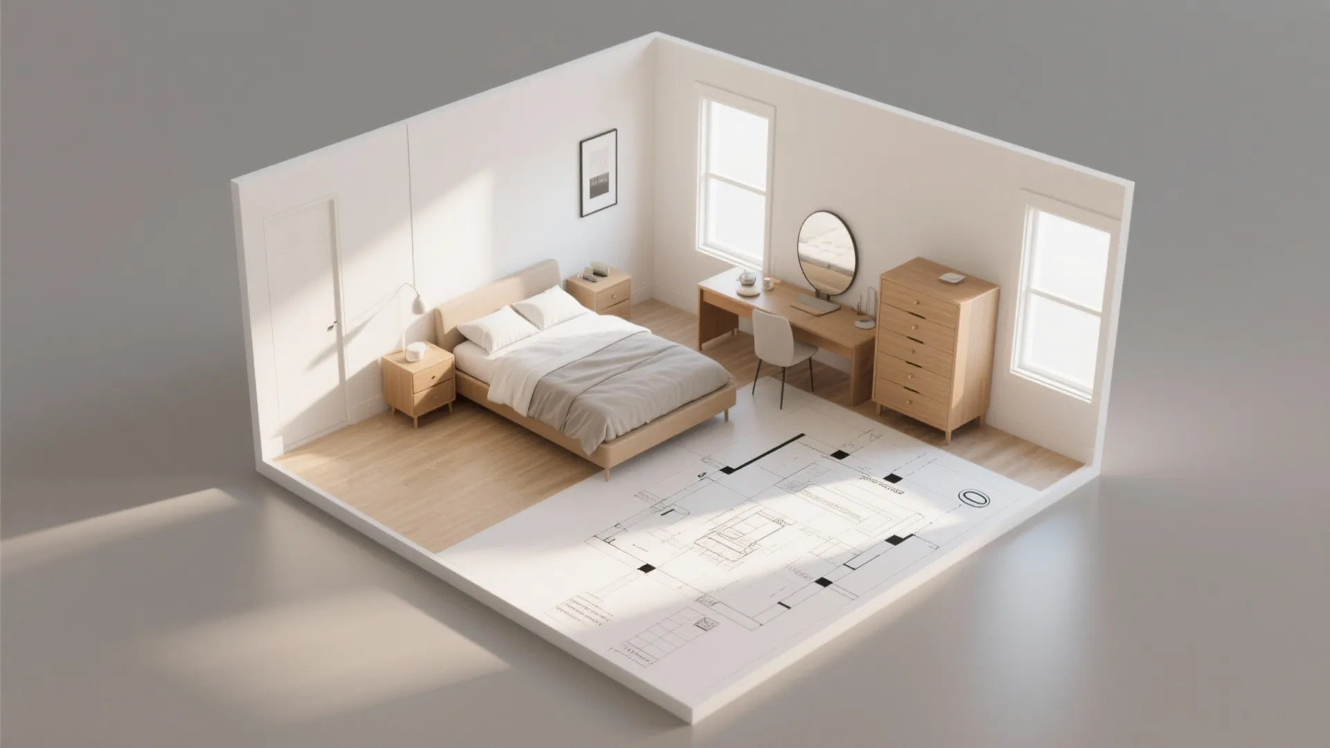 Interior design drawing of a minimalist bedroom showing bed desk cabinet and room layout details