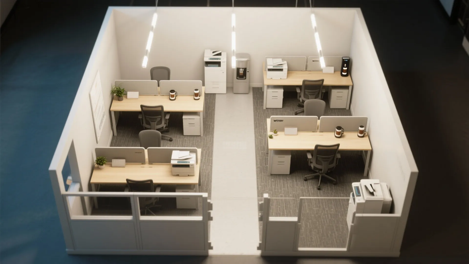 Top down interior design drawing of office room layout with desks chairs printers and long lights