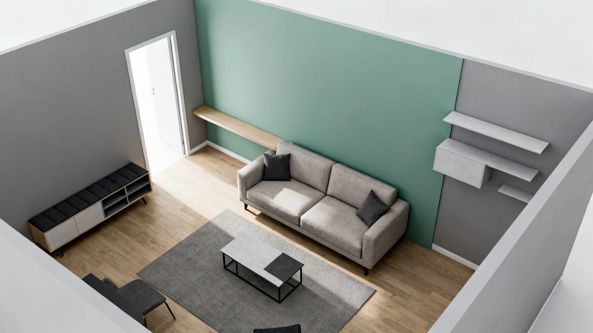 Top-down interior design drawing of living room layout with green wall sofa and grey rug