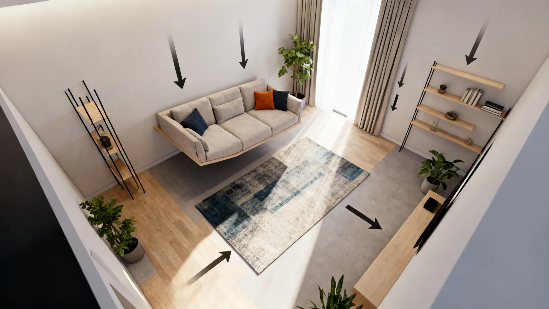 Top-down 3D view of a small living room showing an angled sofa and clear circulation paths.
