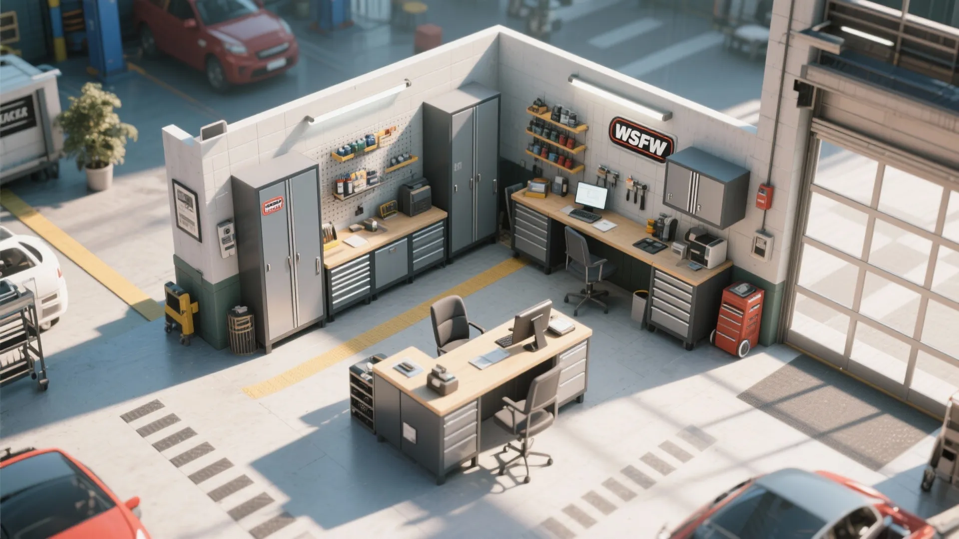 Top-down layout of organized small auto repair office