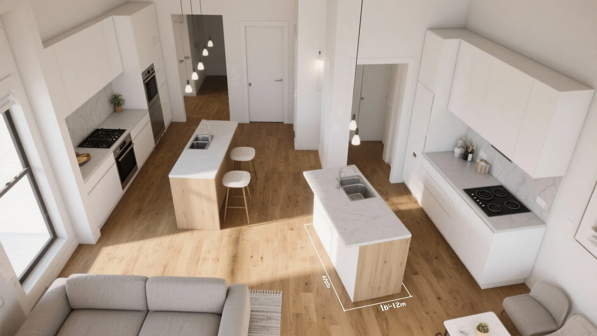 Top view of a white kitchen with wood floors two islands sofa and measurement lines