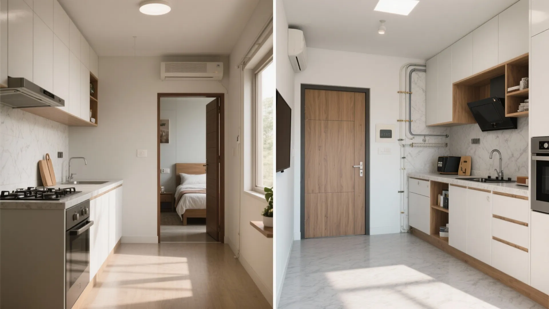 Comparison of two modern small kitchen layouts featuring white cabinets wooden doors and marble wall tiles