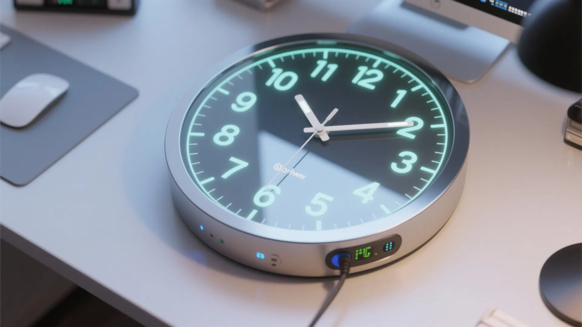 Modern desk clock with green glowing light numbers on a white desk with computer and mouse