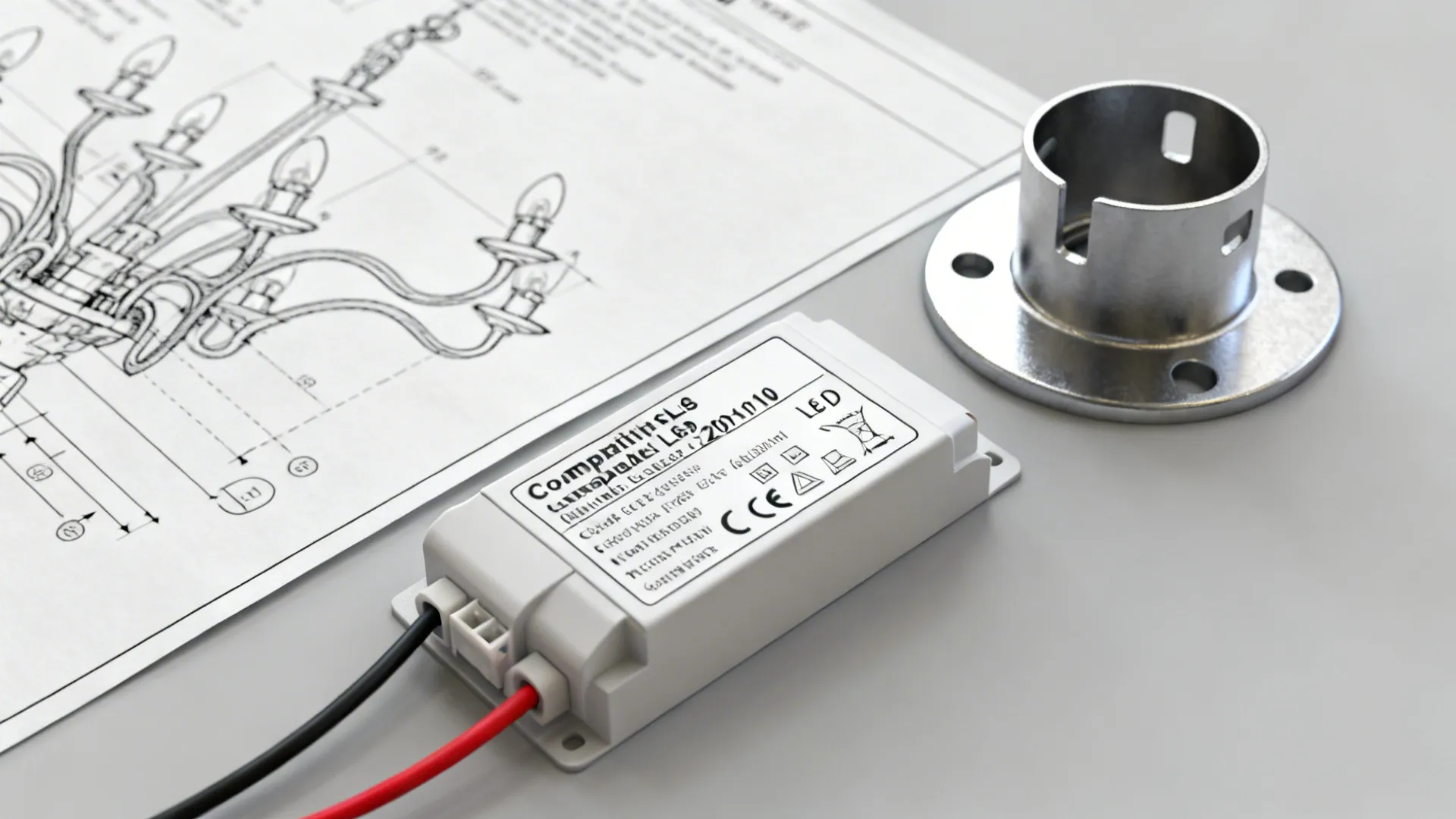 Close-up of a smart LED module and dimmable driver alongside a chandelier mounting bracket and wiring diagram