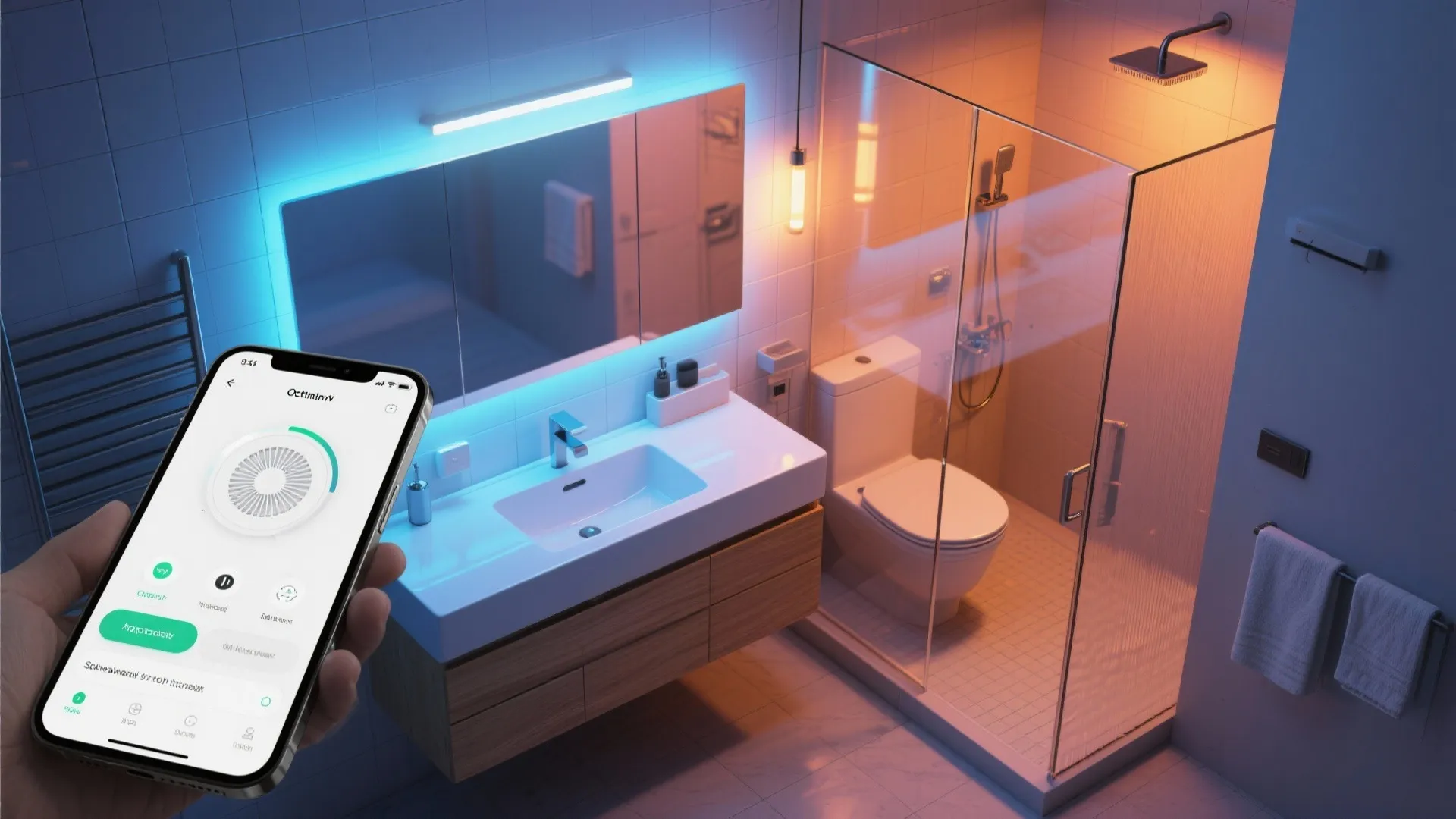 5. Smart color-changing fixtures combined with app-controlled ventilation
