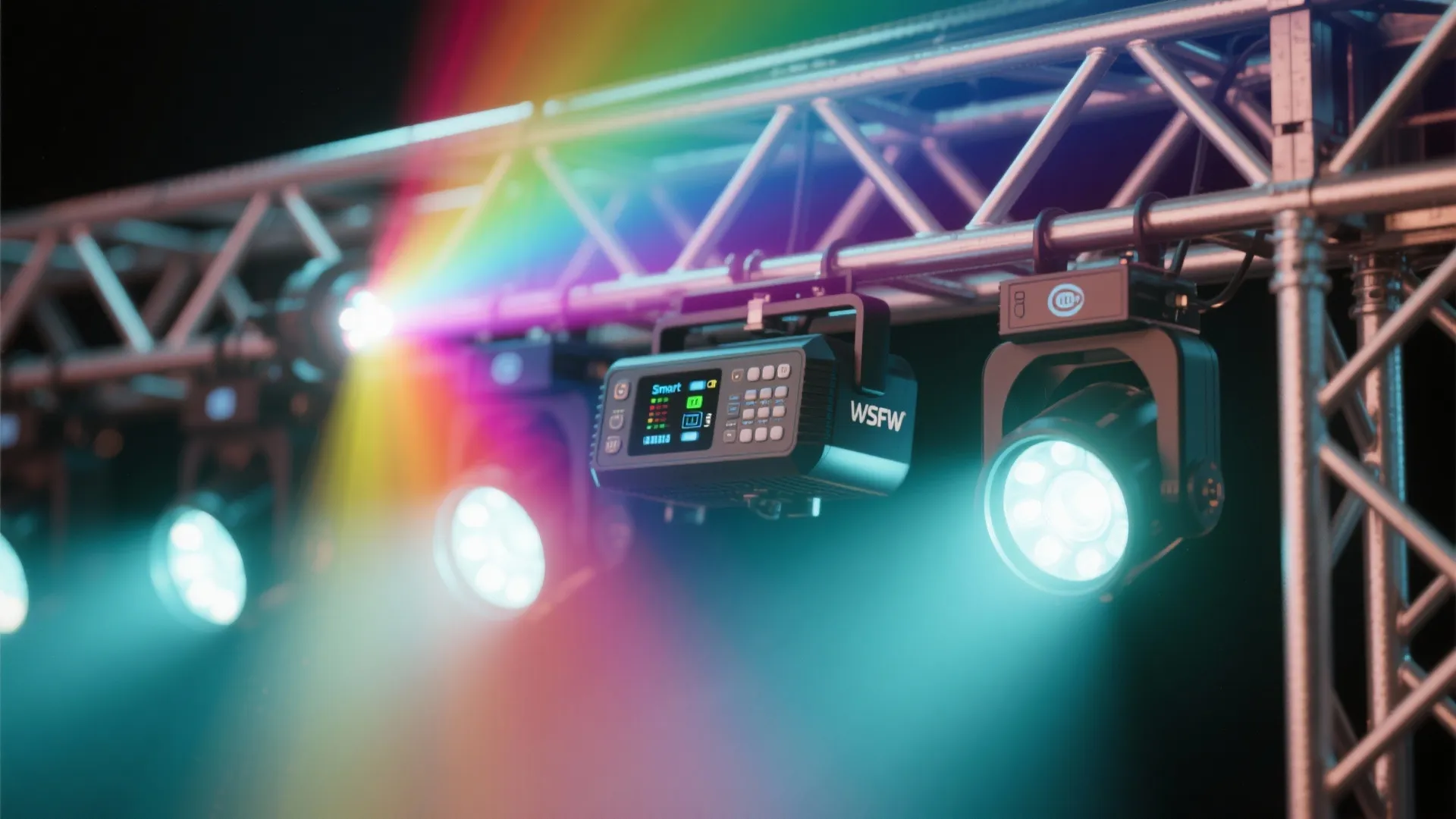 Smart light fixture hanging on metal truss with rainbow light effect and blue spotlight beams