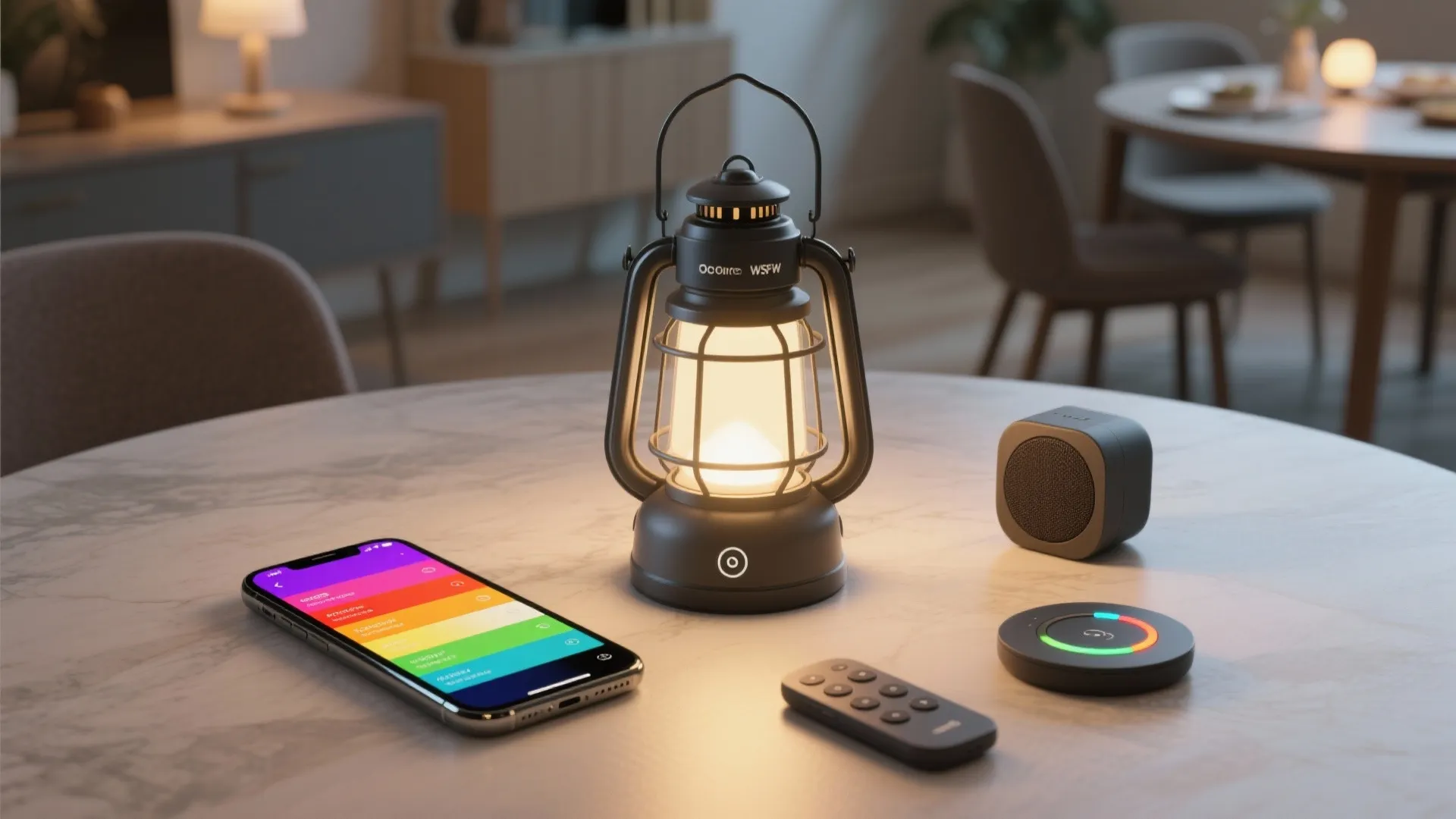 Smart table light on marble surface with mobile phone remote control and small black speaker