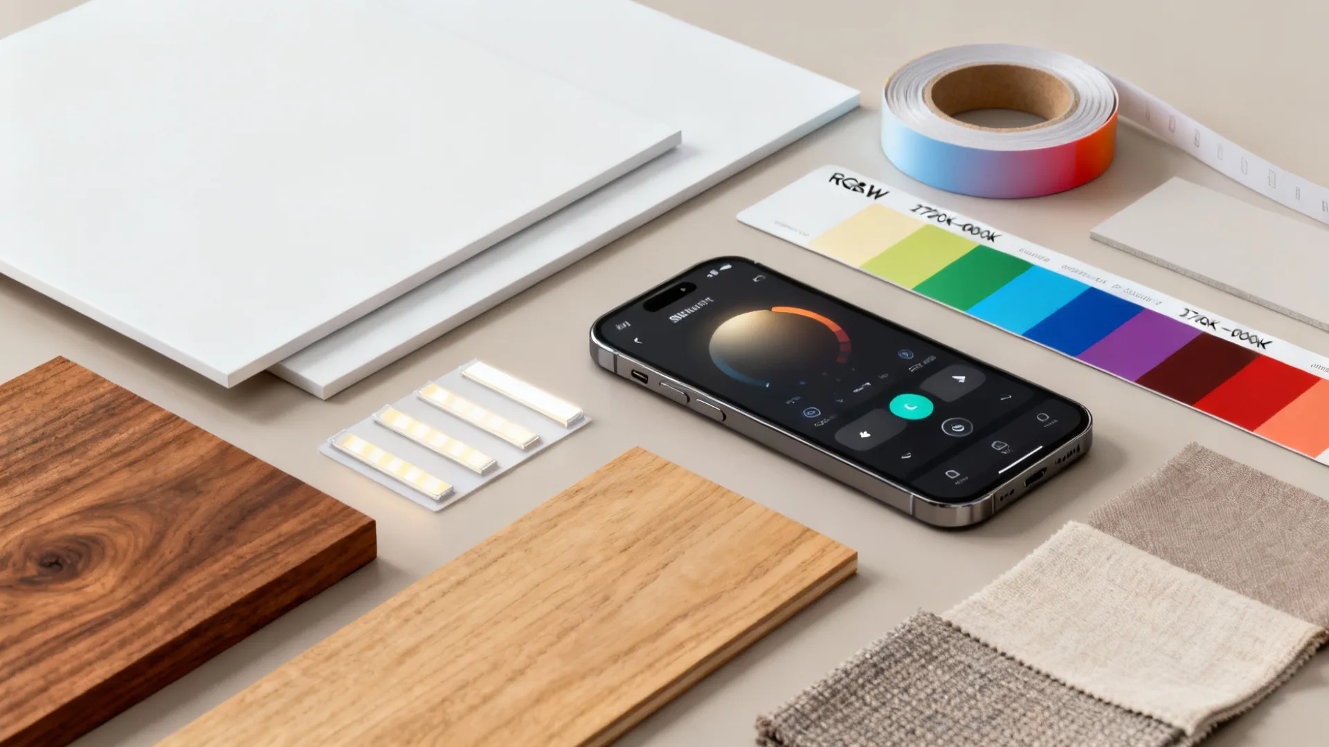 Flatlay of tunable white and RGBW LED samples with color swatches and a smartphone control app.