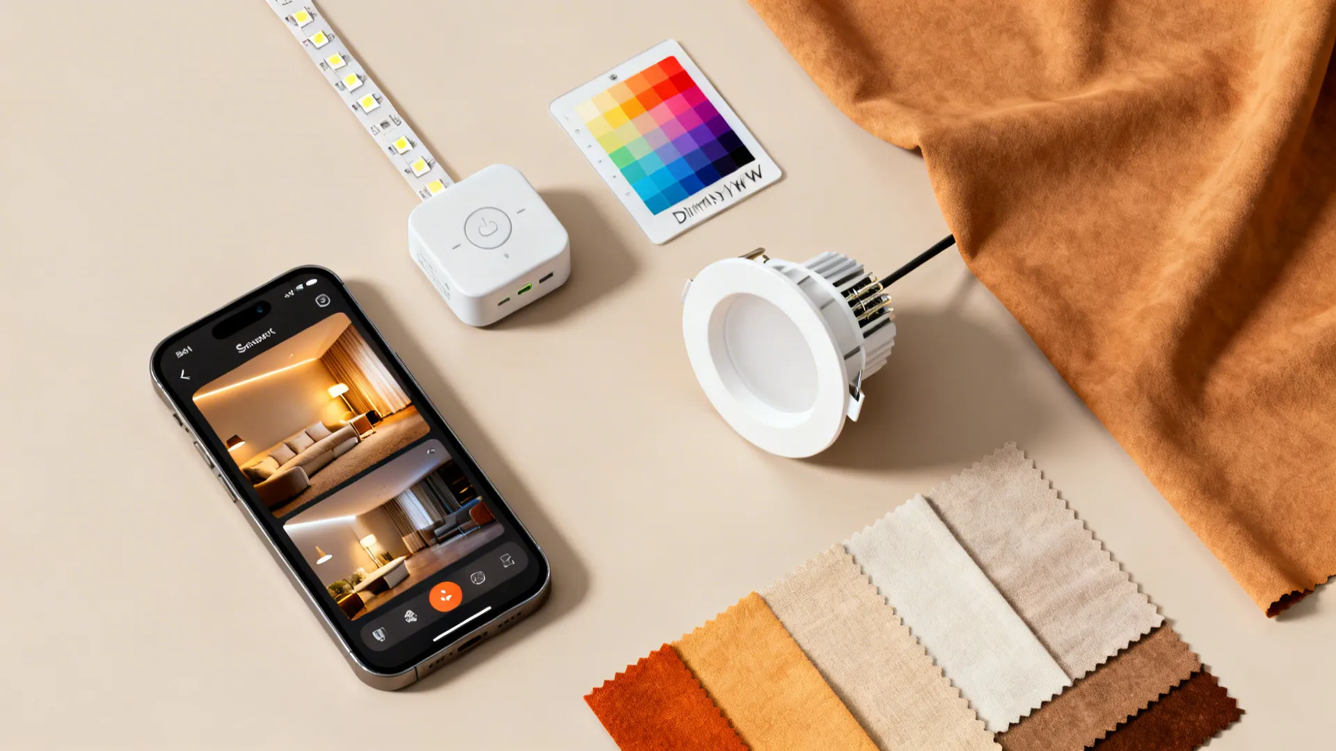 Top-down flatlay of smart LED components, a phone app controlling scenes, RGBW strip and dimmable module.