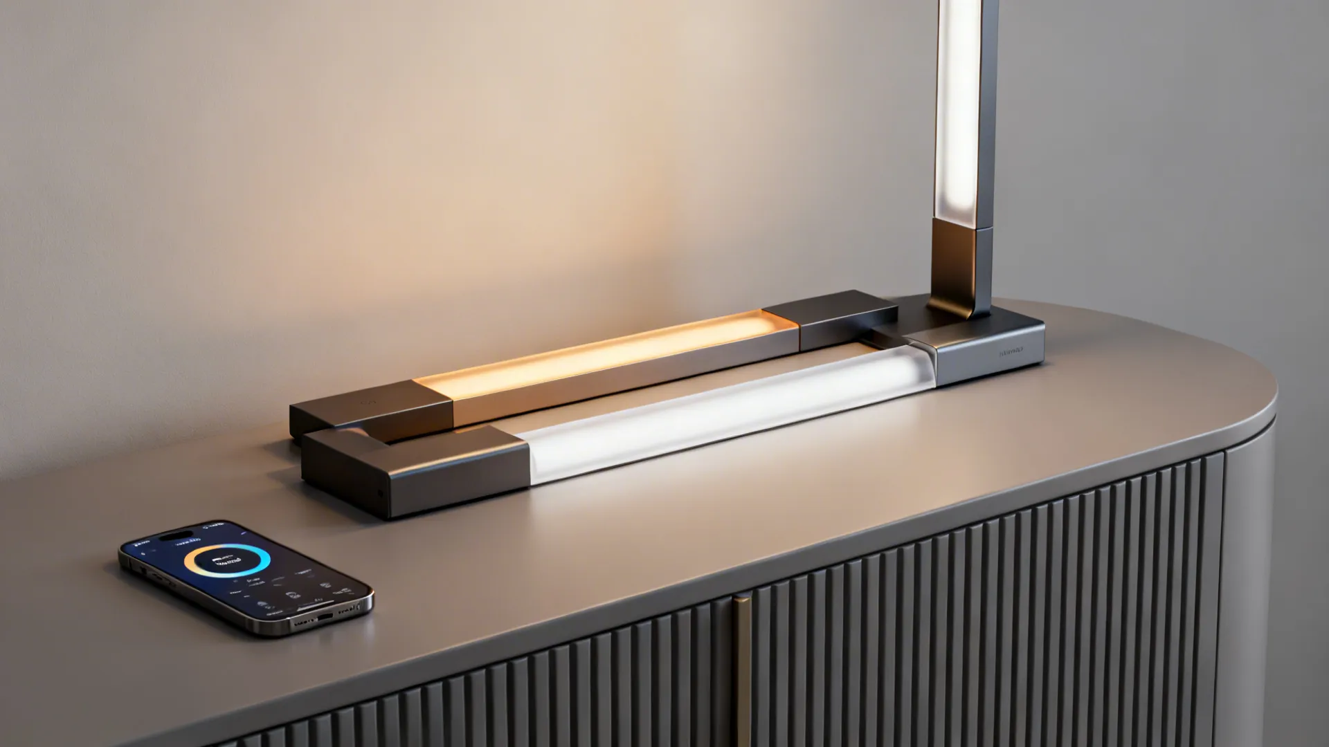 Modular smart LED lamp elements displayed with a phone controlling color temperature