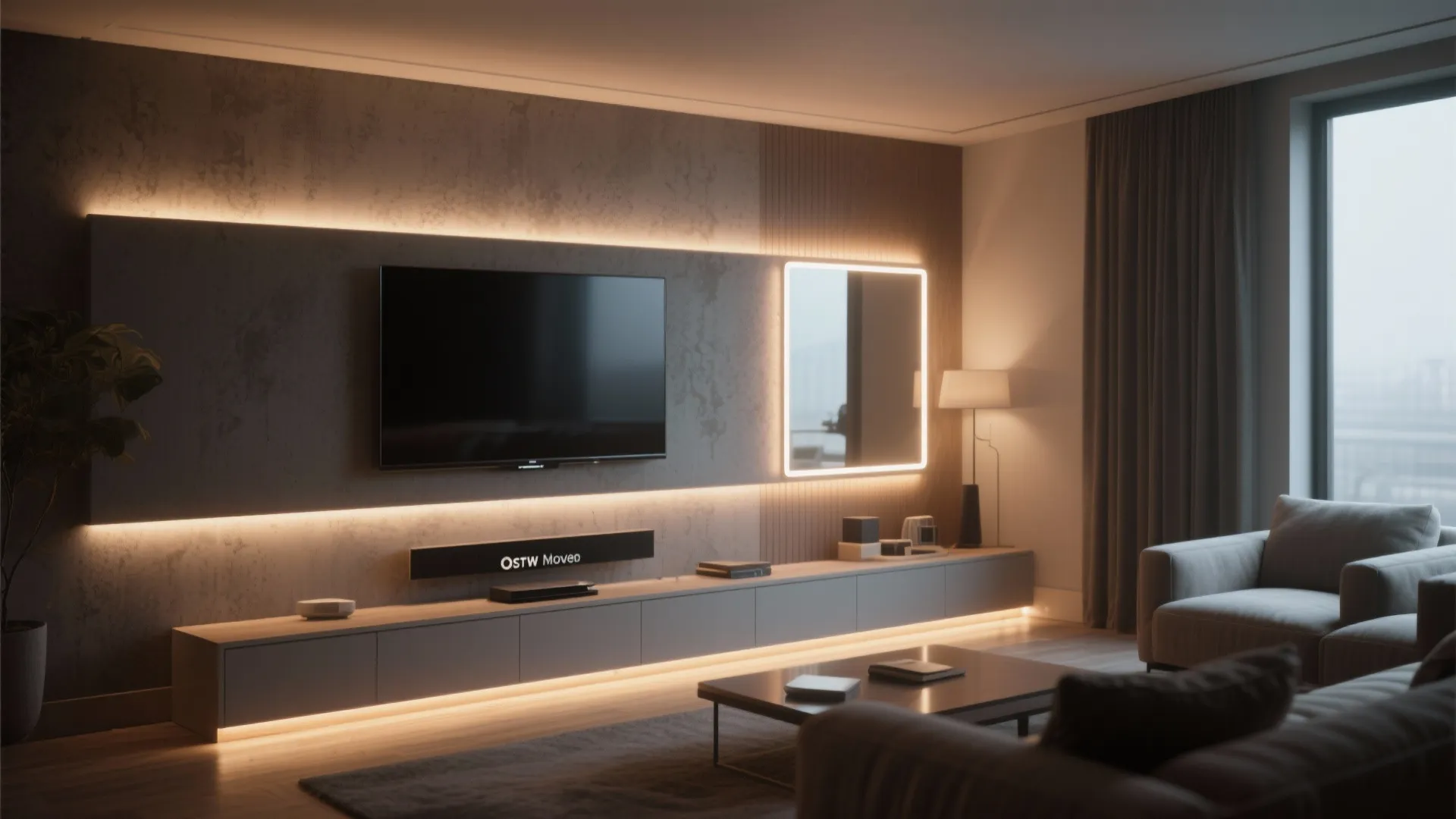 Modern living room with wall lights behind television plus grey sofa and low wooden table