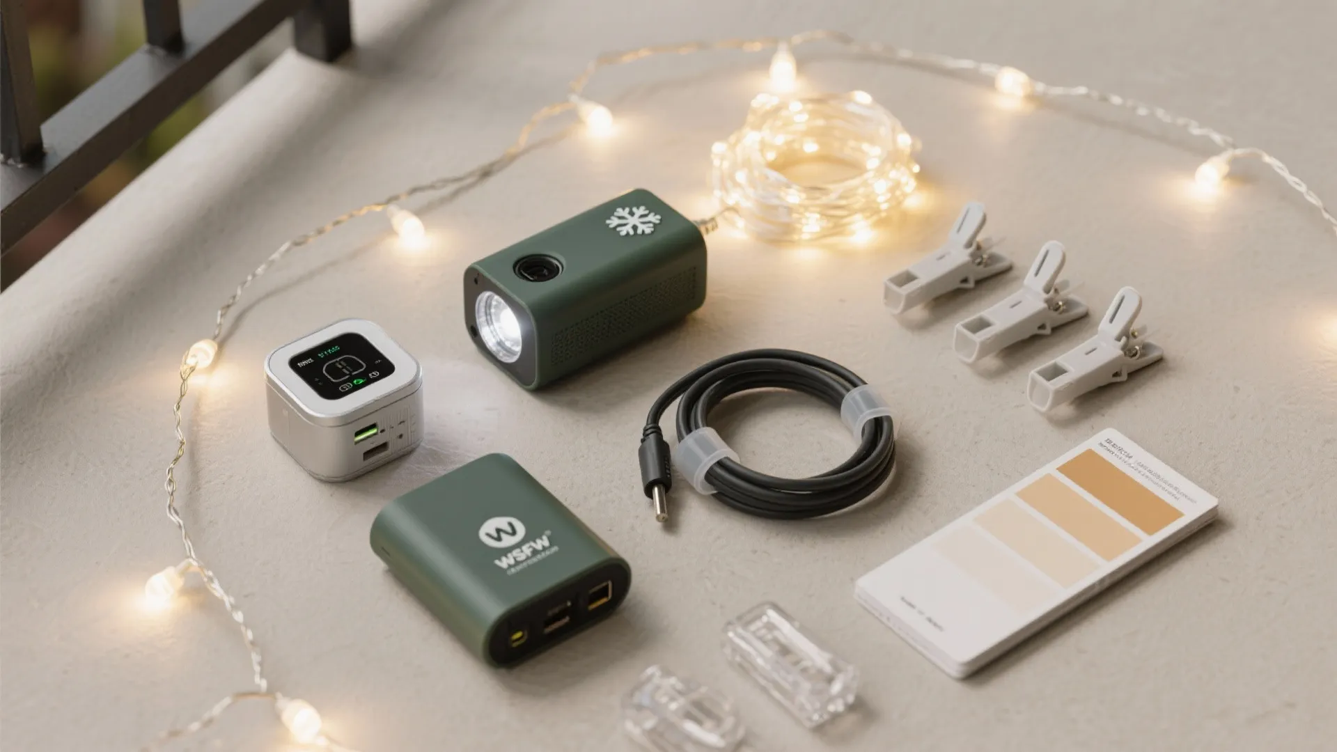 Top-down flat lay of battery LEDs, power bank, smart timer, mini projector, and ties for balcony lighting.