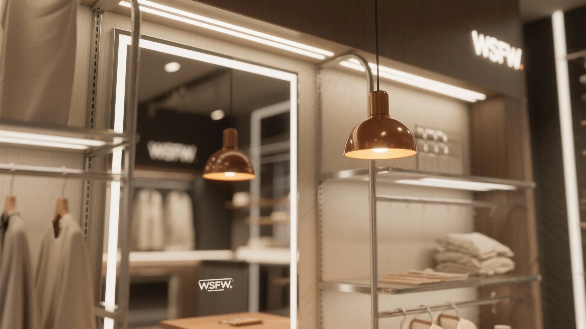 Close-up of layered lighting fixtures and a mirror in a small retail environment, showing material detail.