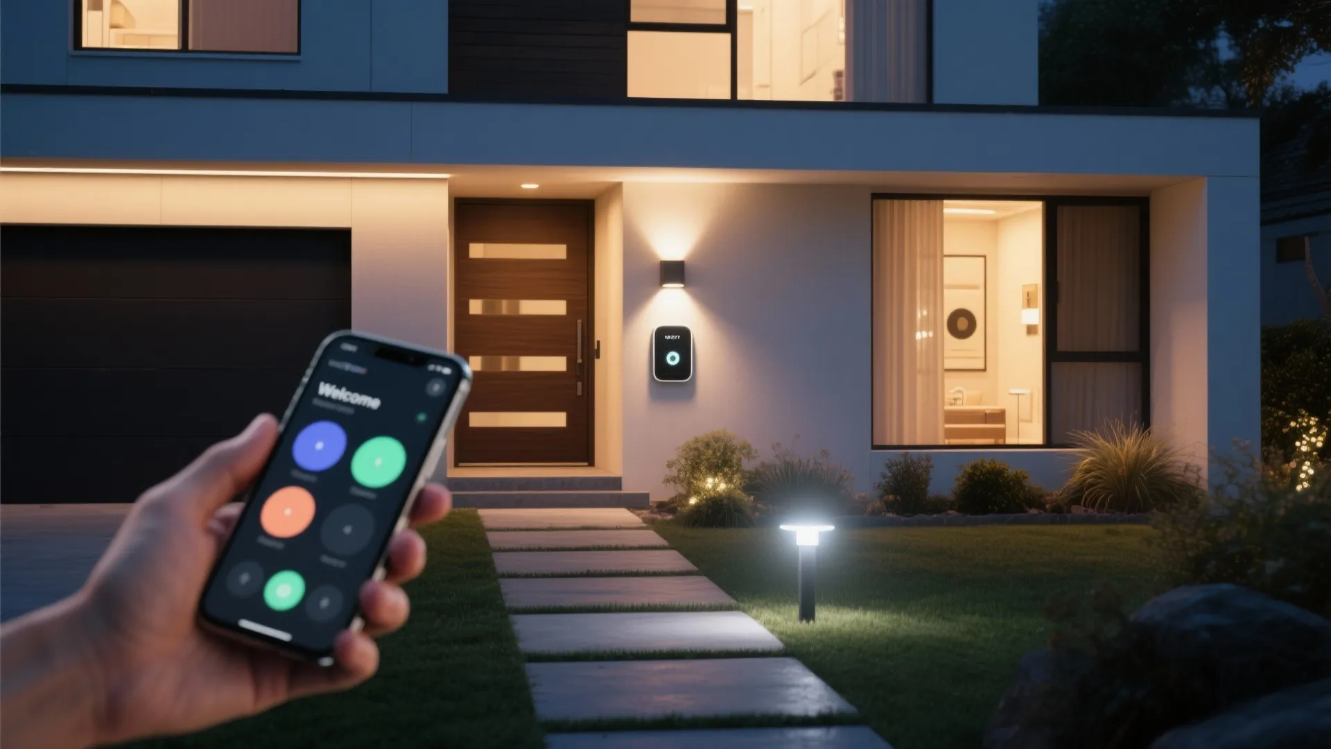 Person holding smartphone using mobile app to control smart outdoor lighting for modern white house