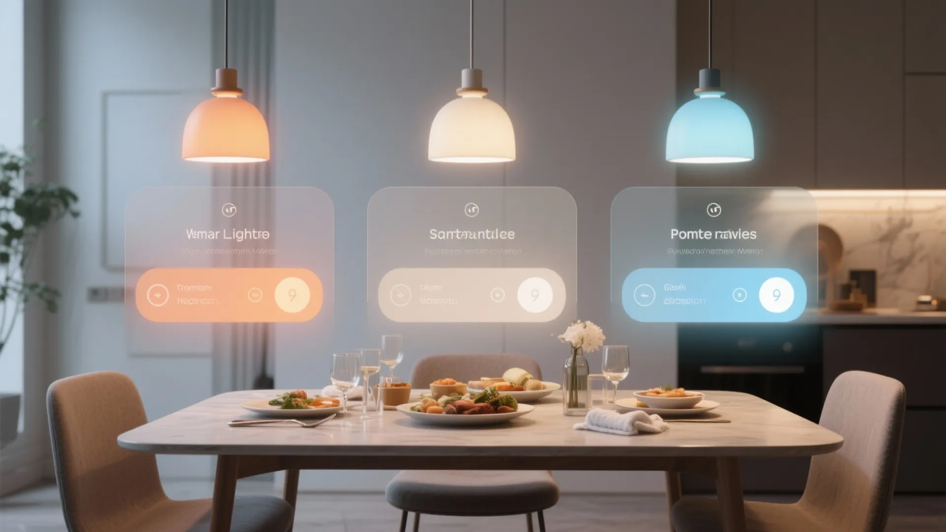 Digital interface showing smart home lighting controls for three colorful ceiling lights over dining table