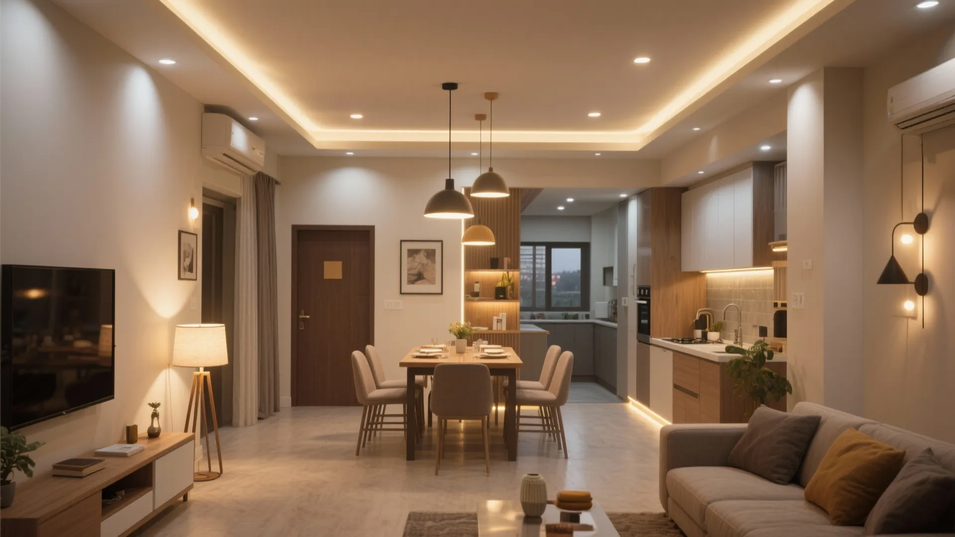 Open plan living and dining area with wooden table sofa floor lamp and warm lighting