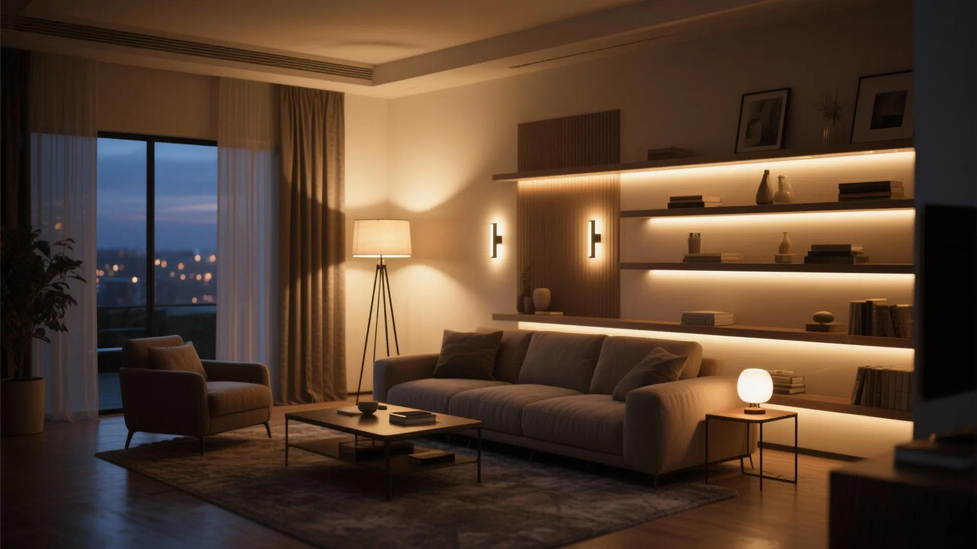 Living room with layered lighting from lamps, sconces, and LED strips