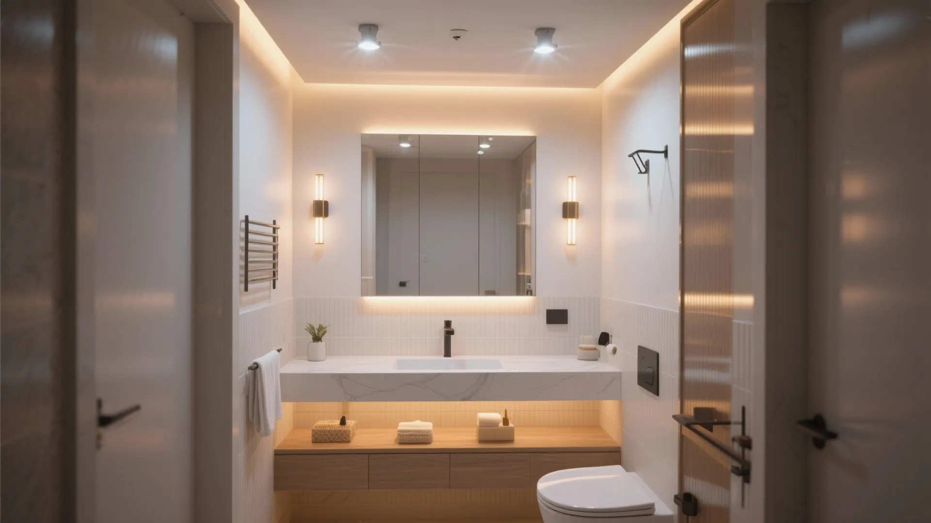 Small bathroom with layered lighting system