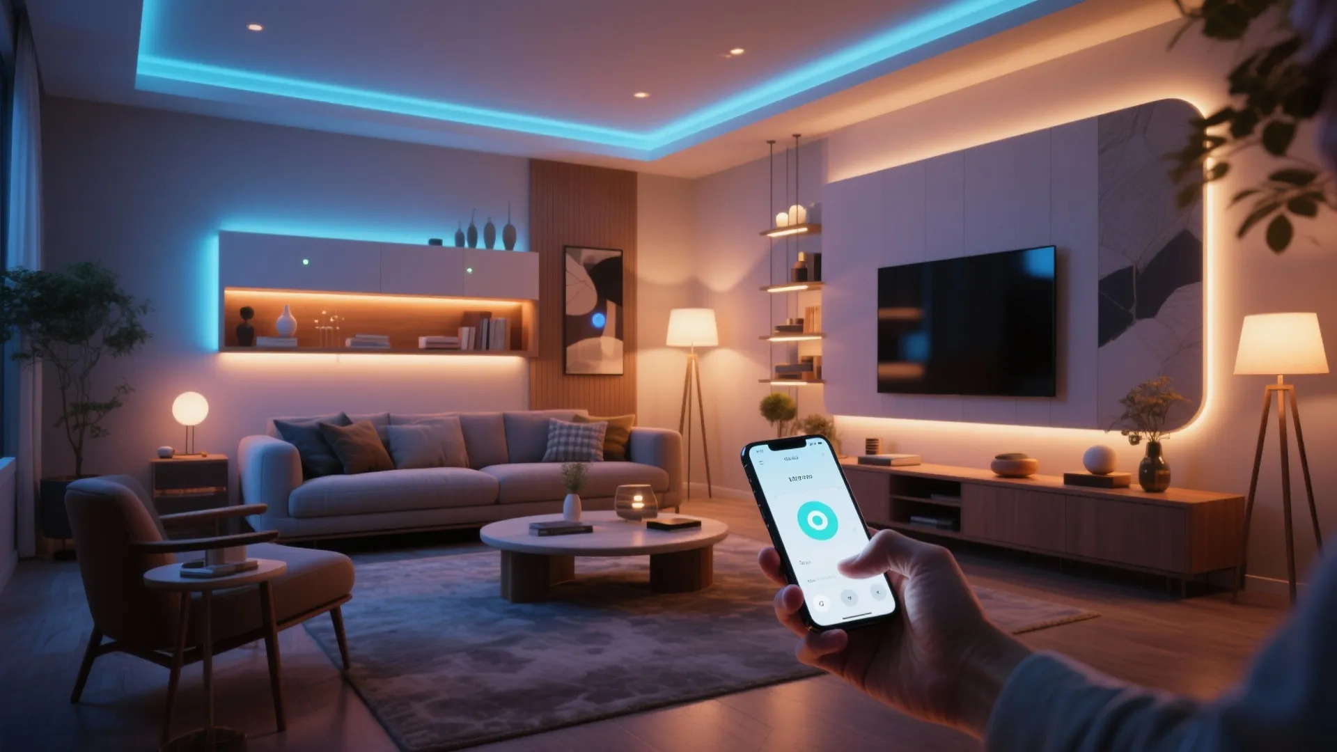 Hand holding phone to control blue and warm smart light fixture in modern living room