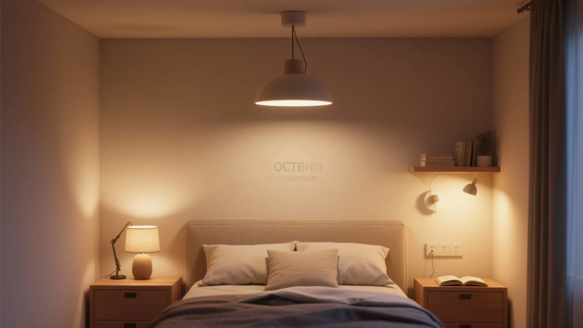 Cozy bedroom at night with warm ceiling light bedside lamp and small wall light fixture