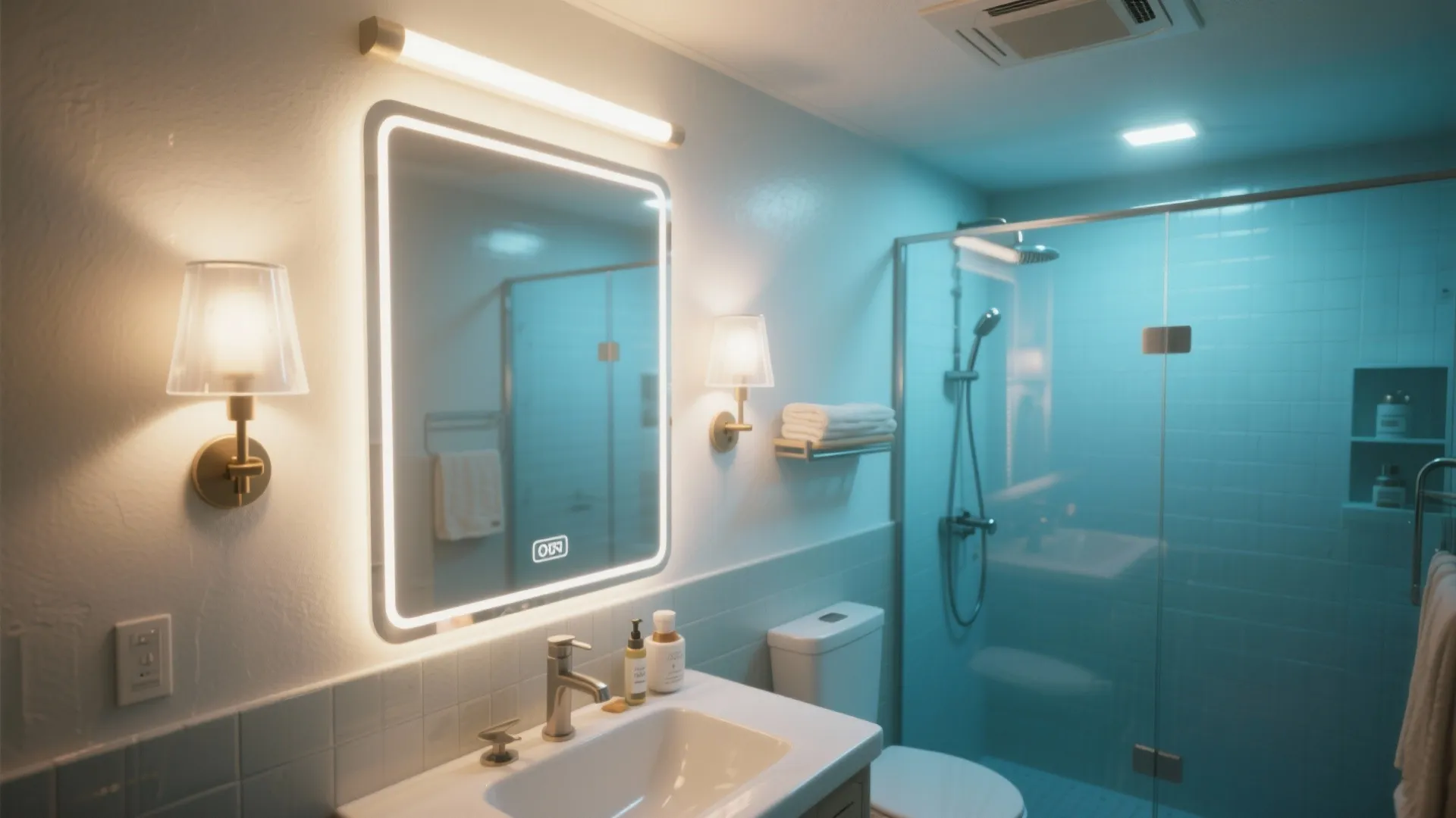 Modern bathroom with glowing square mirror wall lights white sink and glass shower door cabin