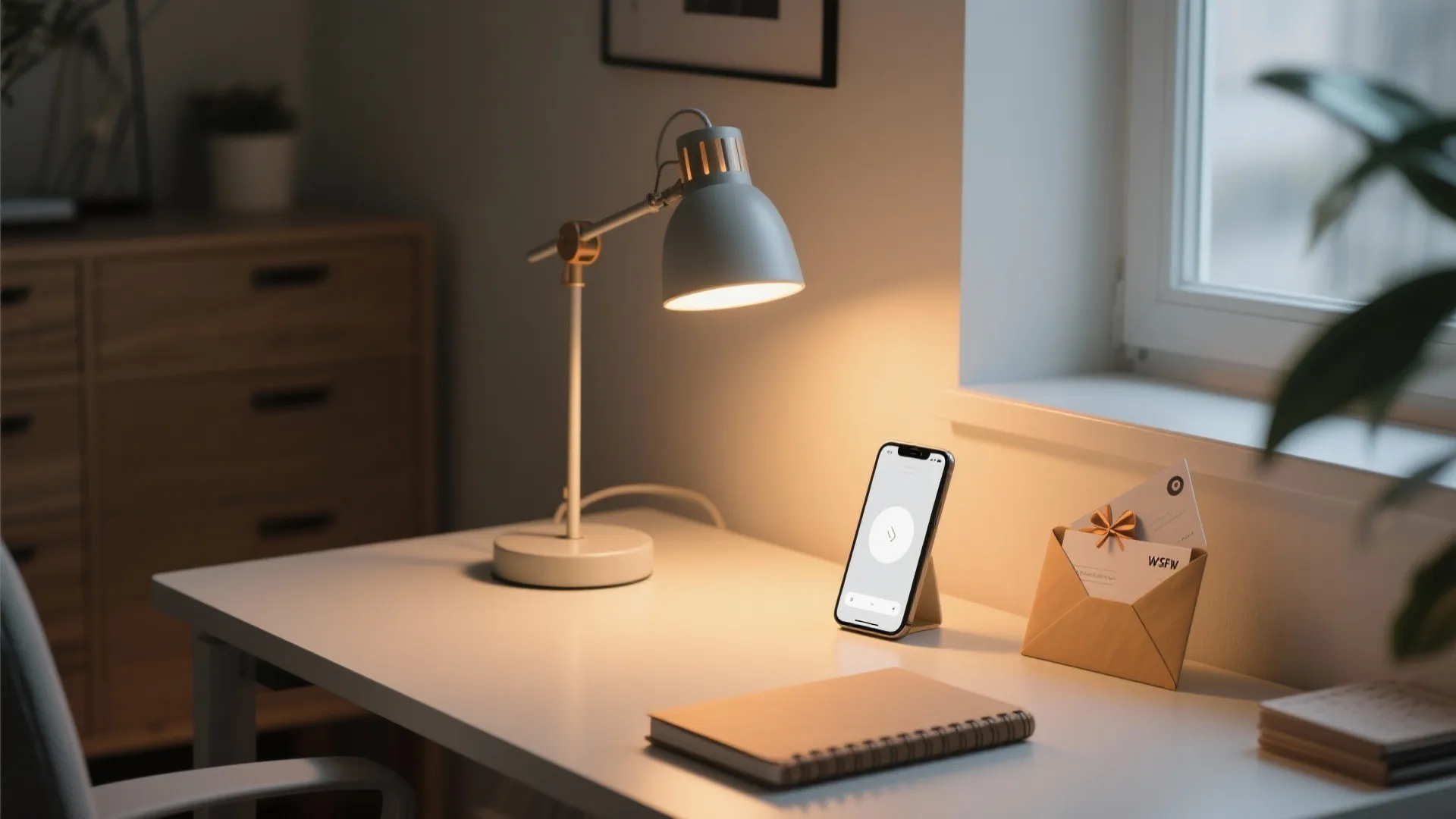 Bright desk lamp shining on white table with smartphone on stand, notebook, and paper envelope