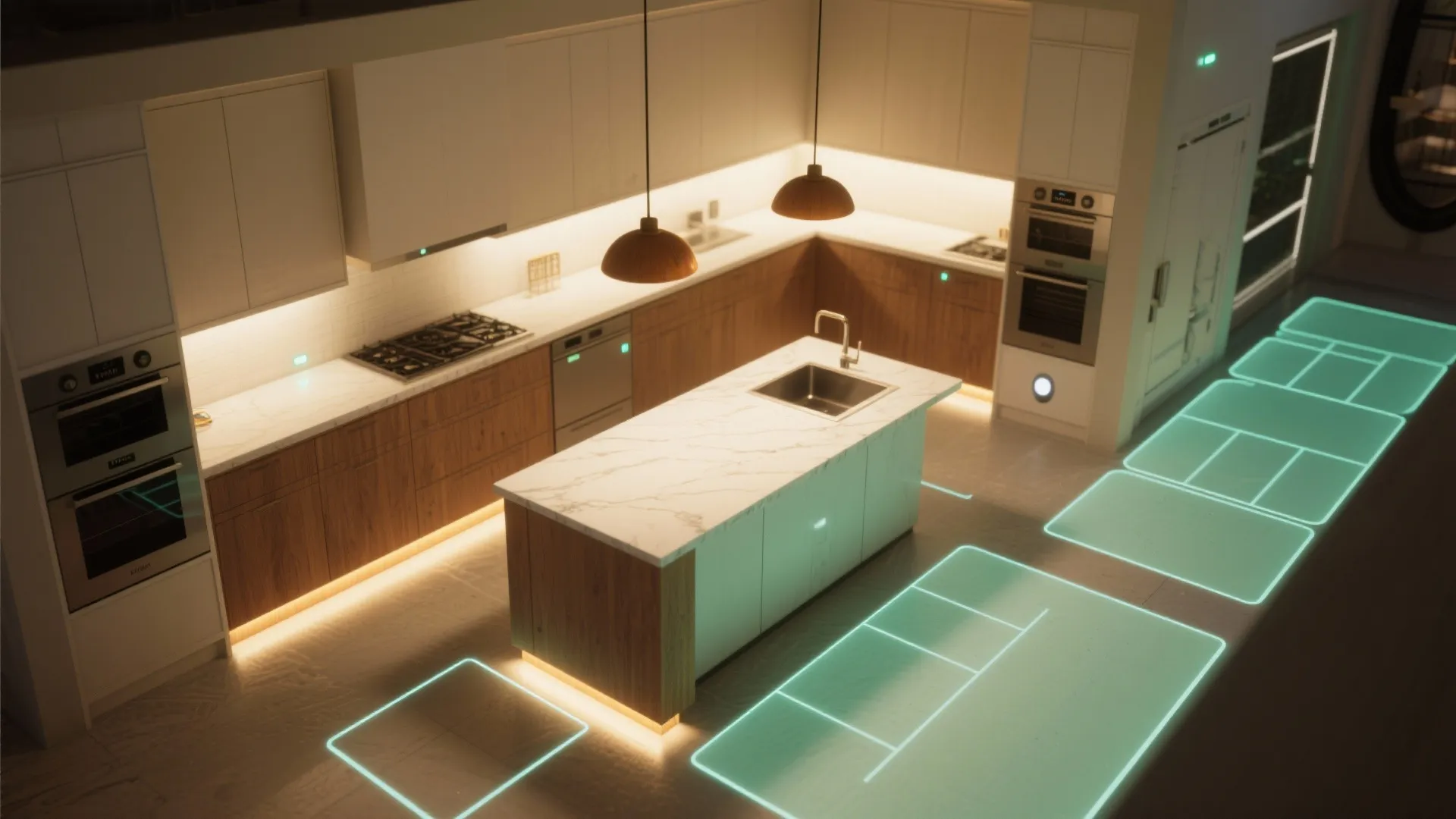 Modern kitchen with wood cabinets white island ceiling light fixtures and green glowing floor lines