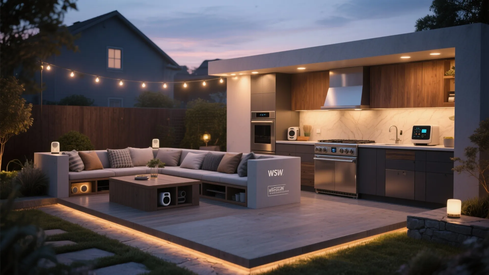 Luxury outdoor living space with sofa coffee table kitchen area string lights and floor lighting