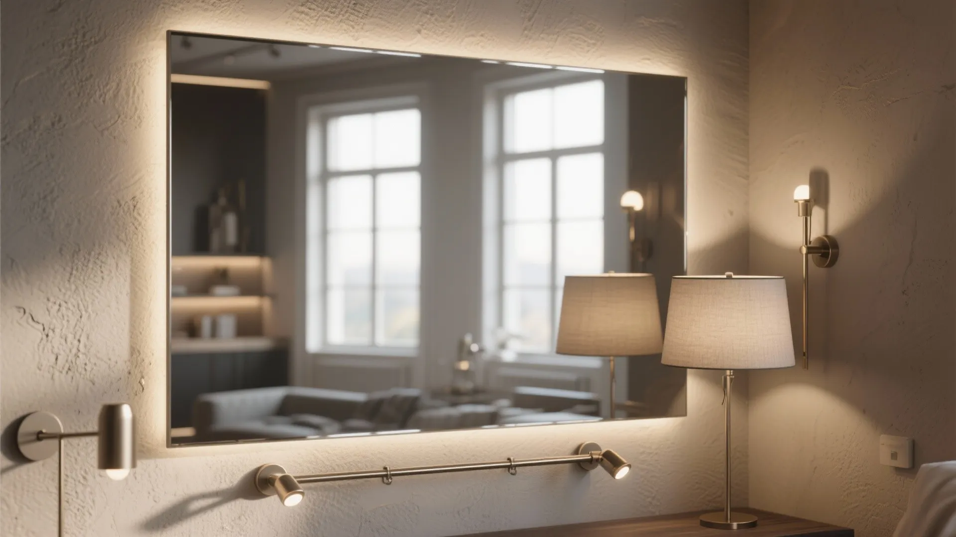 Large rectangular wall mirror with backlight and gold wall light fixtures in a modern room