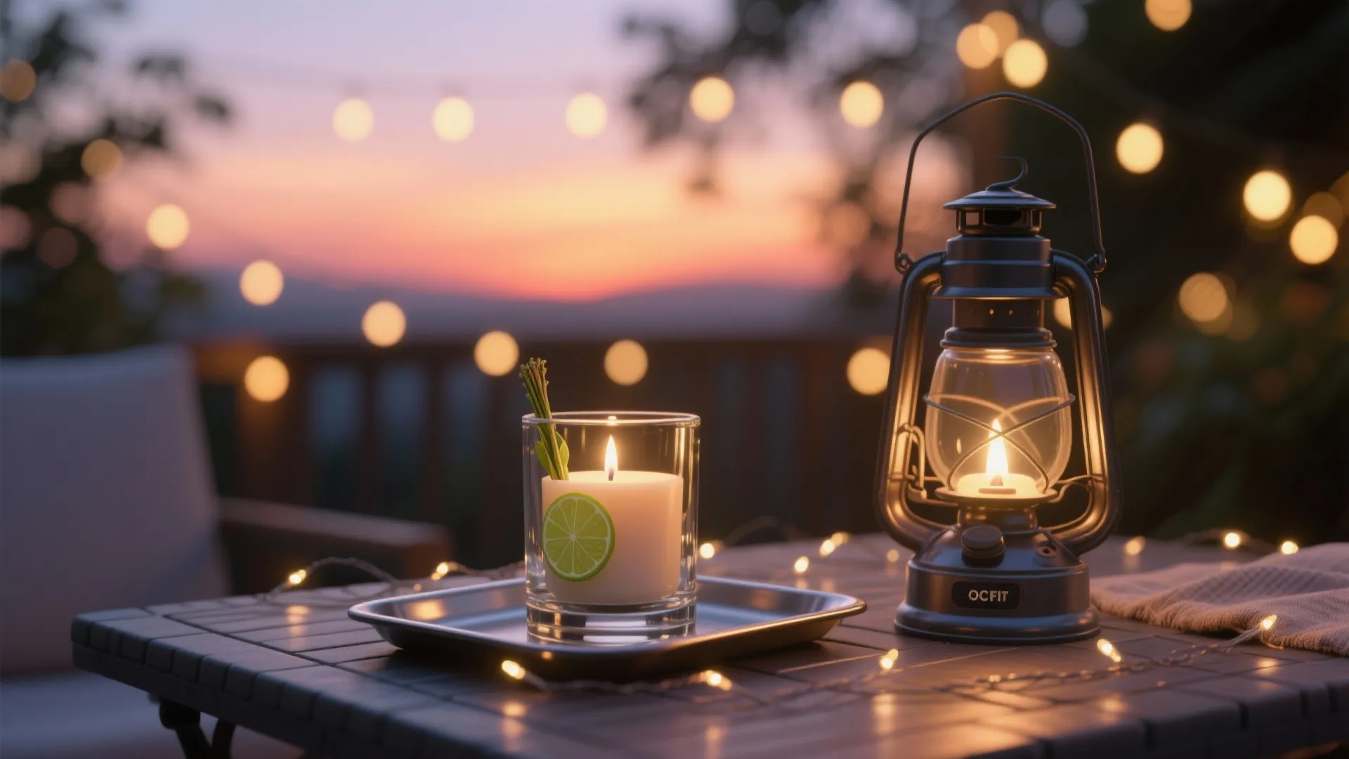 Table with candle and light fixture showing outdoor lighting ideas at sunset with warm glow