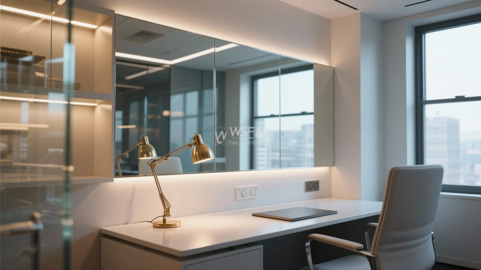 Compact office using layered lighting and a large mirror to expand daylight and create a brighter perception.