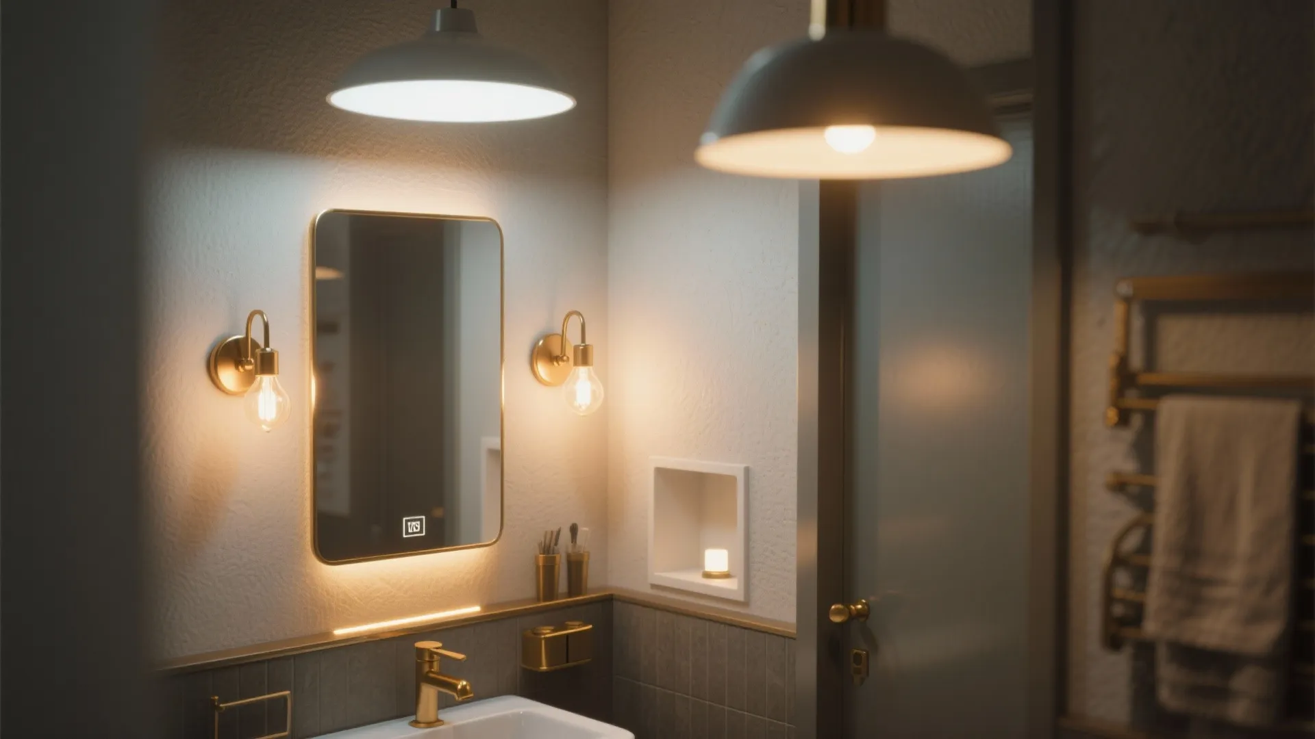 Bathroom vanity area with lighted mirror gold wall lights grey tiles and warm white ceiling lights