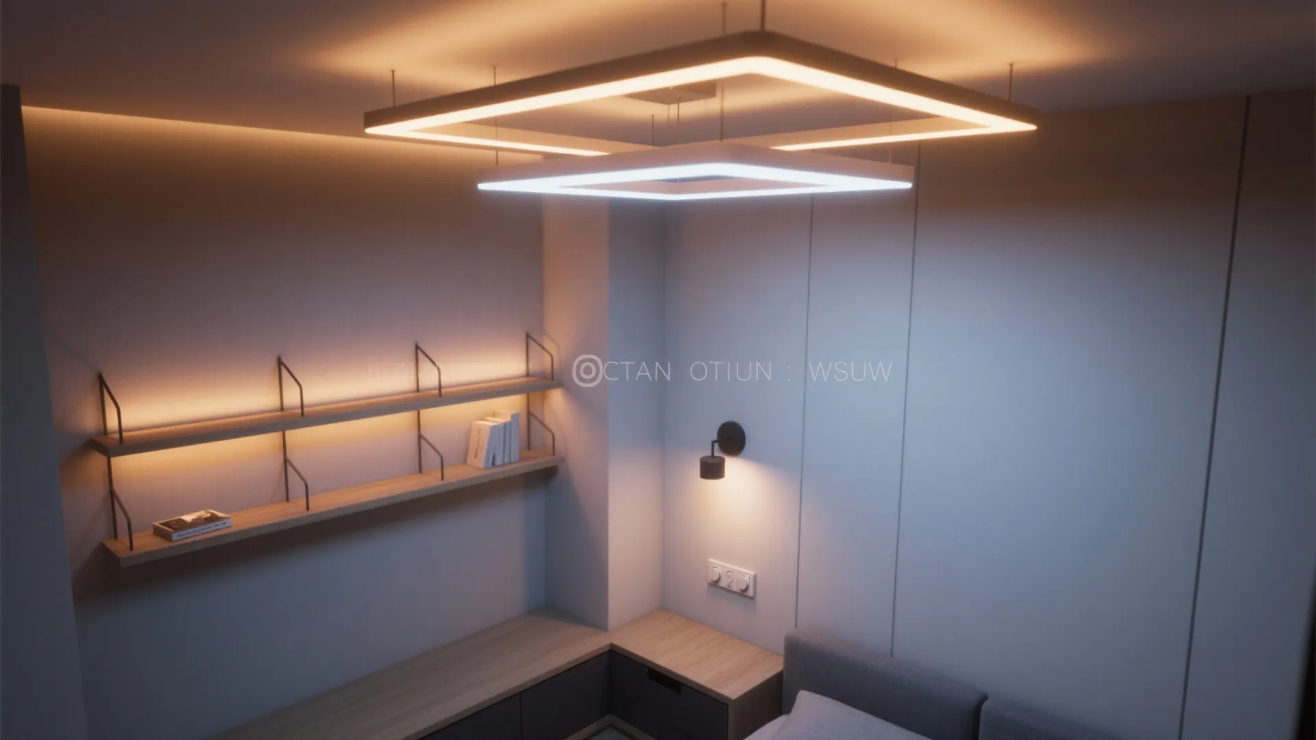Modern bedroom with square ceiling light fixture wall light and warm glowing wood wall shelves