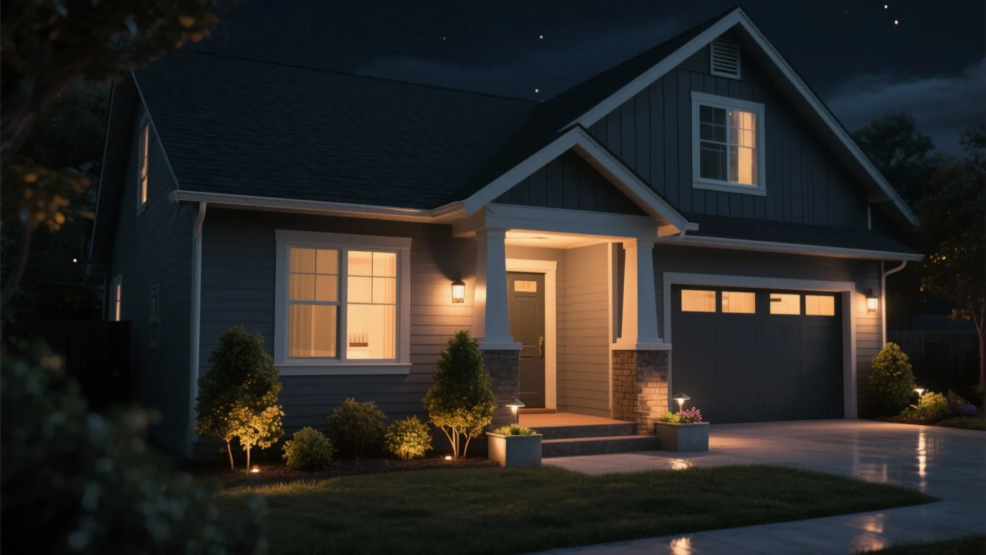 Modern blue house at night with warm lights in windows and green bushes along walkway