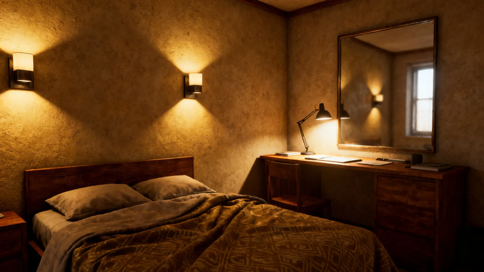 Layered lighting with wall sconces and mirror reflecting window light in a small room.