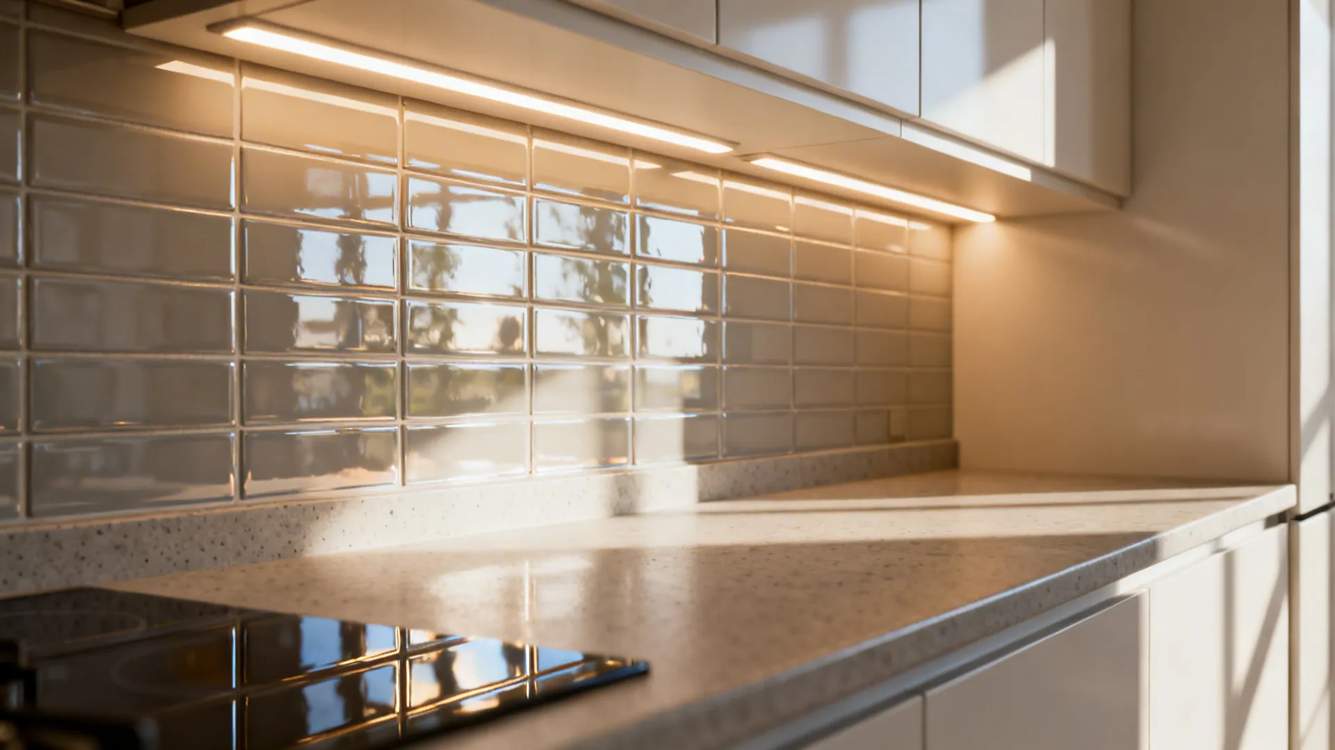 Reflective backsplash and under-cabinet LED lighting brightening a small kitchen prep zone