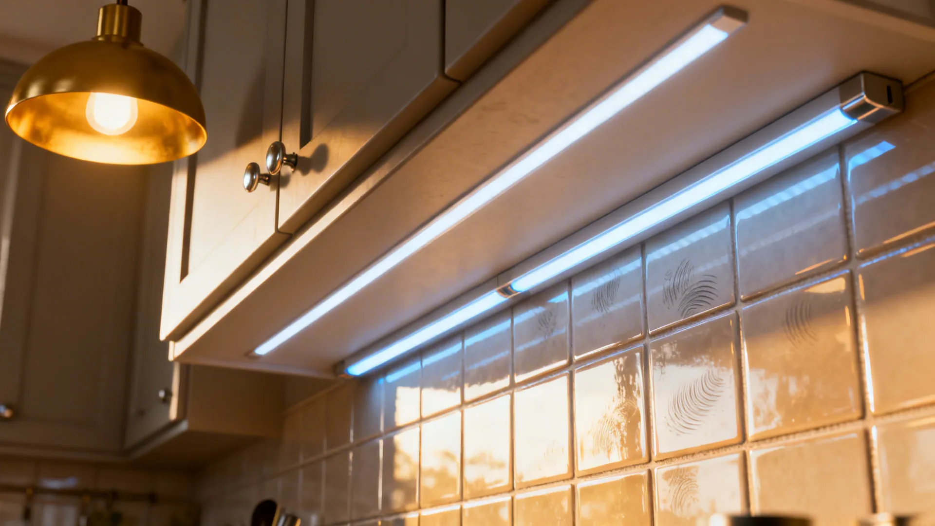 Layered kitchen lighting with glossy backsplash reflecting warm daylight.