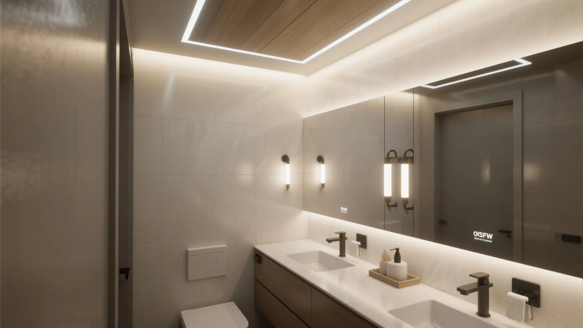 Contemporary bathroom featuring white vanity with double sinks mirror wall lights and warm recessed ceiling lighting