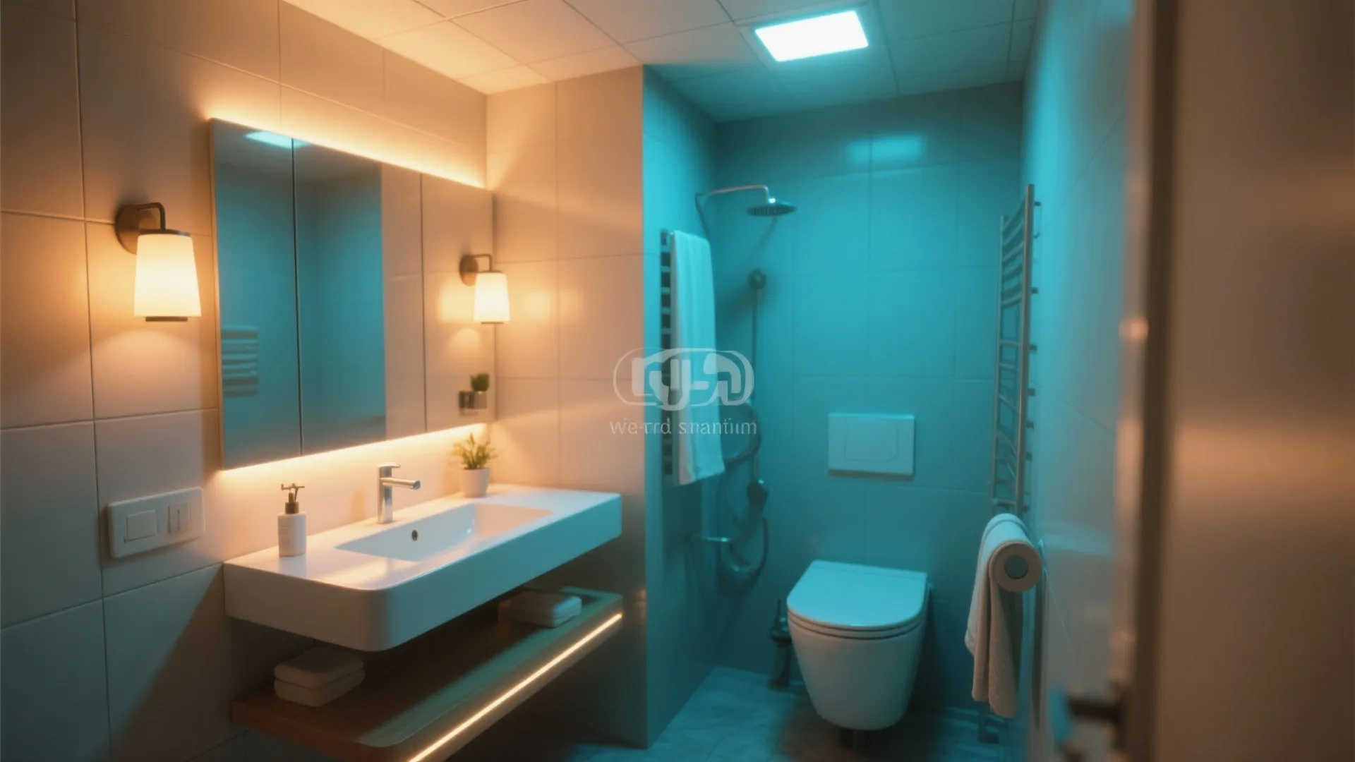 Modern bathroom with blue and warm light fixtures sink toilet towel rack and wood shelf storage